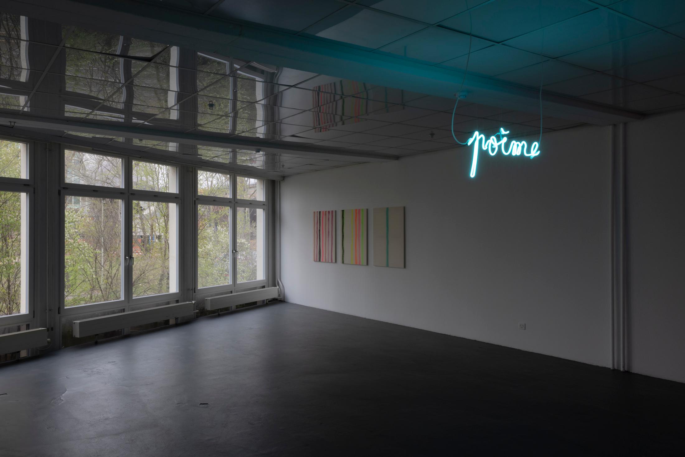 Exhibition View Anne-Lise Coste Solo Show «Poem Police; view on Anne-Lise Coste, Chains I-III (left) and POÈME (right), 2022» at Kunsthaus Baselland, Baselland, 2022 / Photo: Gina Folly / Courtesy: the artist and Galerie Elisabeth & Reinhard Hauff, Ellen de Bruijne, NoguerasBlanchard, Lullin + Ferrari, CAN Christina Androulidaki Gallery