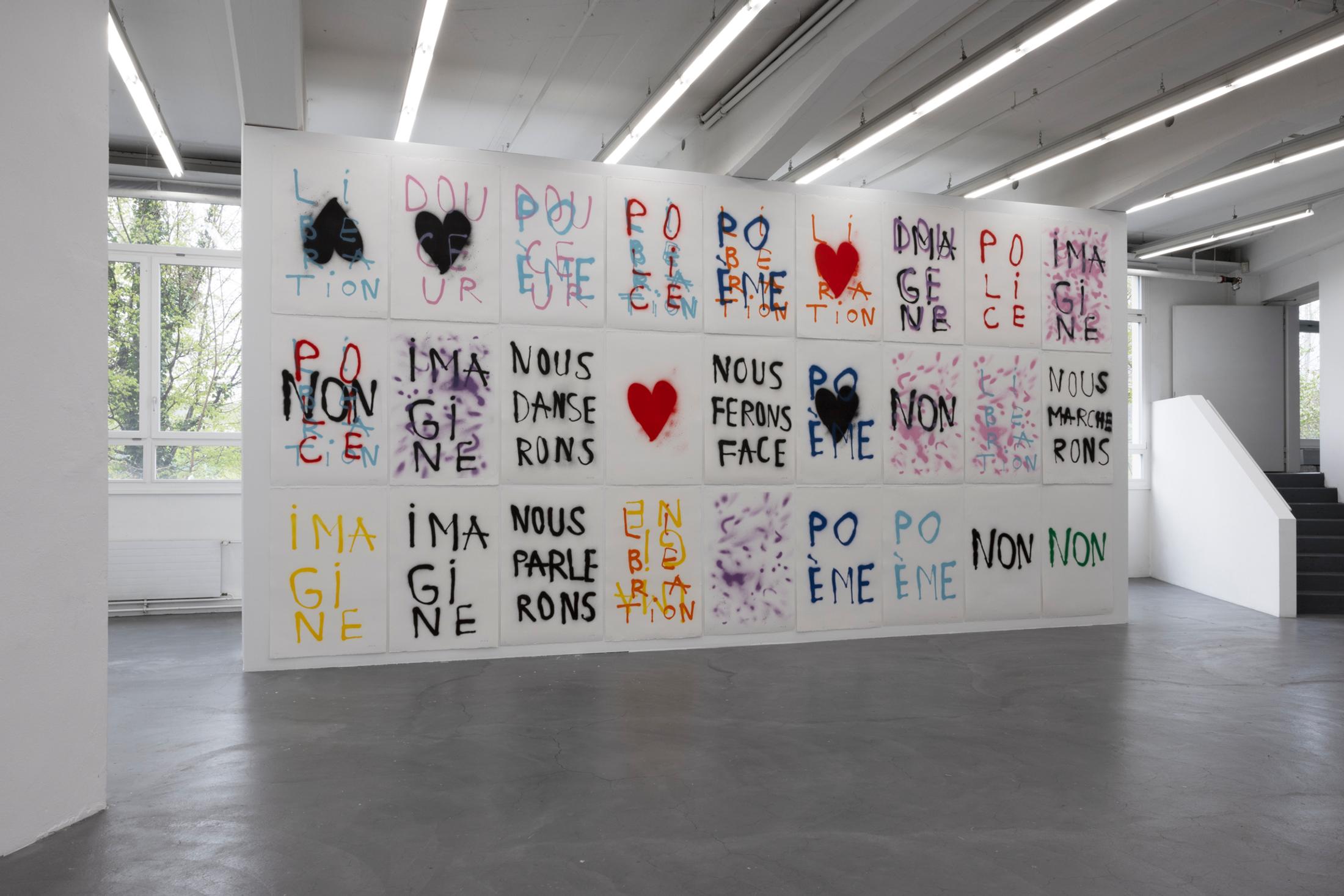 Exhibition View Anne-Lise Coste Solo Show «Poem Police; view on Anne-Lise Coste, Lithography, 2021» at Kunsthaus Baselland, Baselland, 2022 / Photo: Gina Folly / Courtesy: the artist