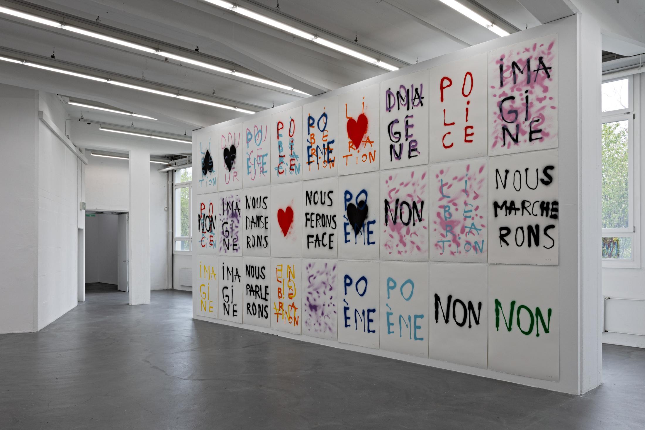 Exhibition View Anne-Lise Coste Solo Show «Poem Police; view on Anne-Lise Coste, Lithography, 2021» at Kunsthaus Baselland, Baselland, 2022 / Photo: Gina Folly / Courtesy: the artist