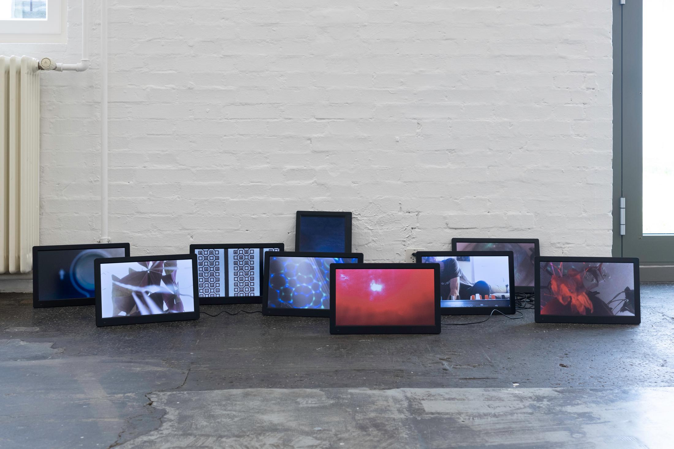 Exhibition View Ari Marcopoulos Solo Show «Upstream; view on Ari Marcopoulos, Noise Videos A-I, 2020-21» at Kunsthalle Sankt Gallen, St. Gallen, 2022 / Photo: Sebastian Schaub / Courtesy: the artist and Kunsthalle Sankt Gallen