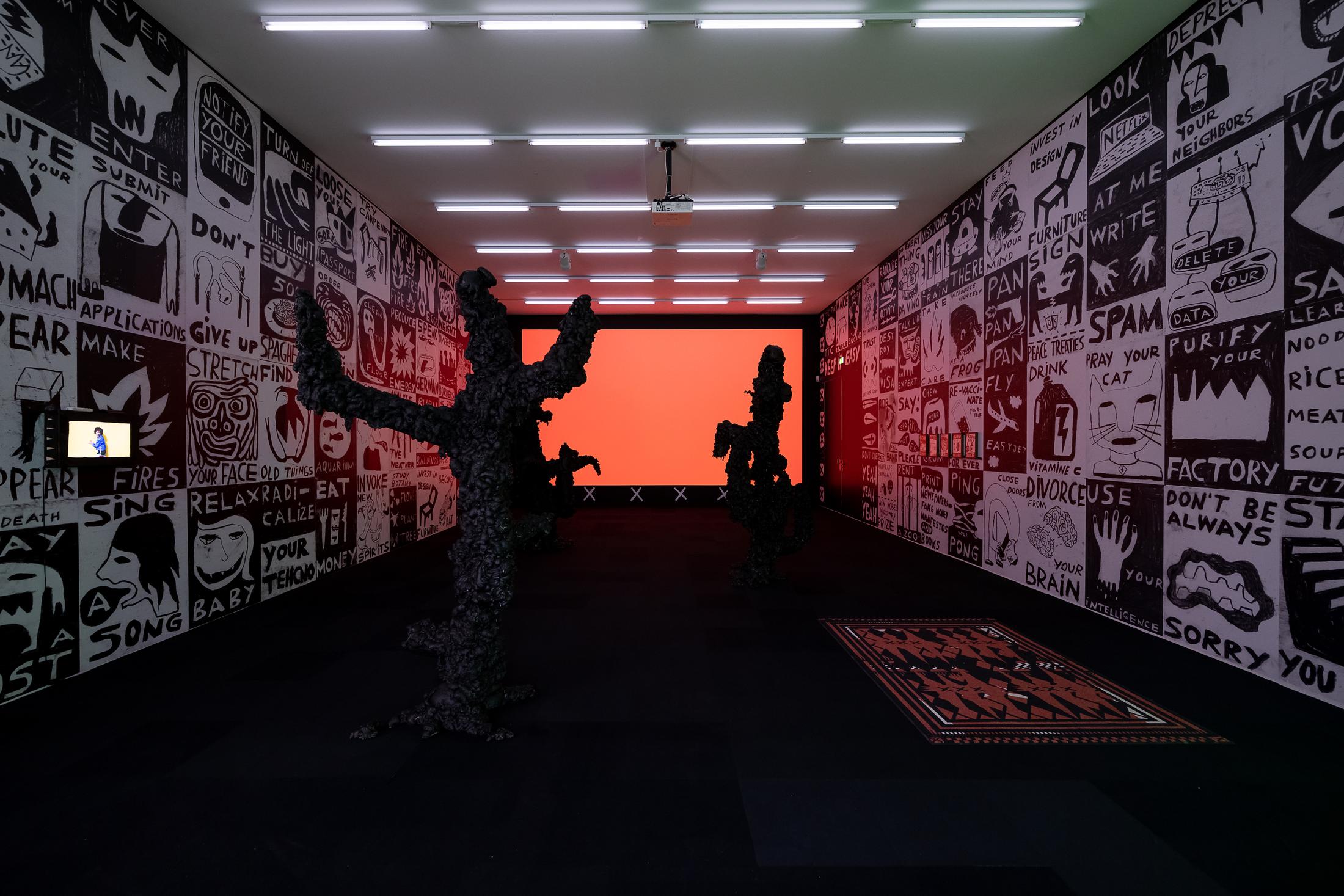 Exhibition View Augustin Rebetez Solo Show «Vitamin; view on Augustin Rebetez in collaboration with Colin Jeanneret, Stanislas Delarue, Lia Martinelli, Zoé Philipona, Studio Mistake, 2023» at Aargauer Kunsthaus, Aarau, 2023 / Photo: ullmann.photography / Courtesy: the artist and Aargauer Kunsthaus