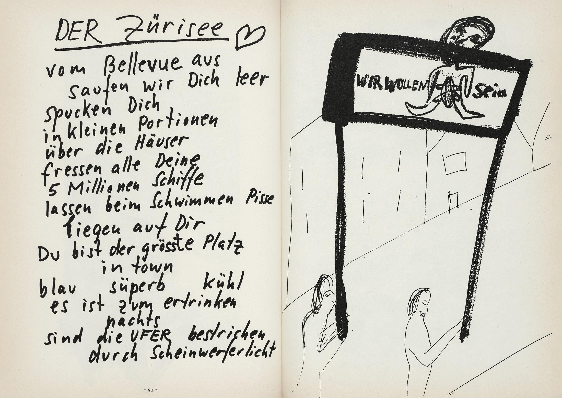 Exhibition View Groupshow «Ausbruch & Rausch, Zurich 1975-1980, Women Art Punk; view on double page by Martin Disler for the catalog "Saus und Braus", 1980» at Strauhof, Zurich, 2020