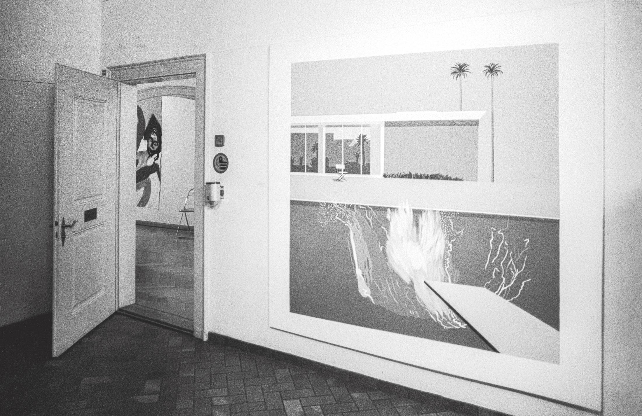 Exhibition View Groupshow «Ausbruch & Rausch, Zurich 1975-1980, Women Art Punk; view on Sergio Gallis «A Bigger Splash» after David Hockney at the entrance of the exhibition / Photo: Dieter Hall, 1980» at Strauhof, Zurich, 2020
