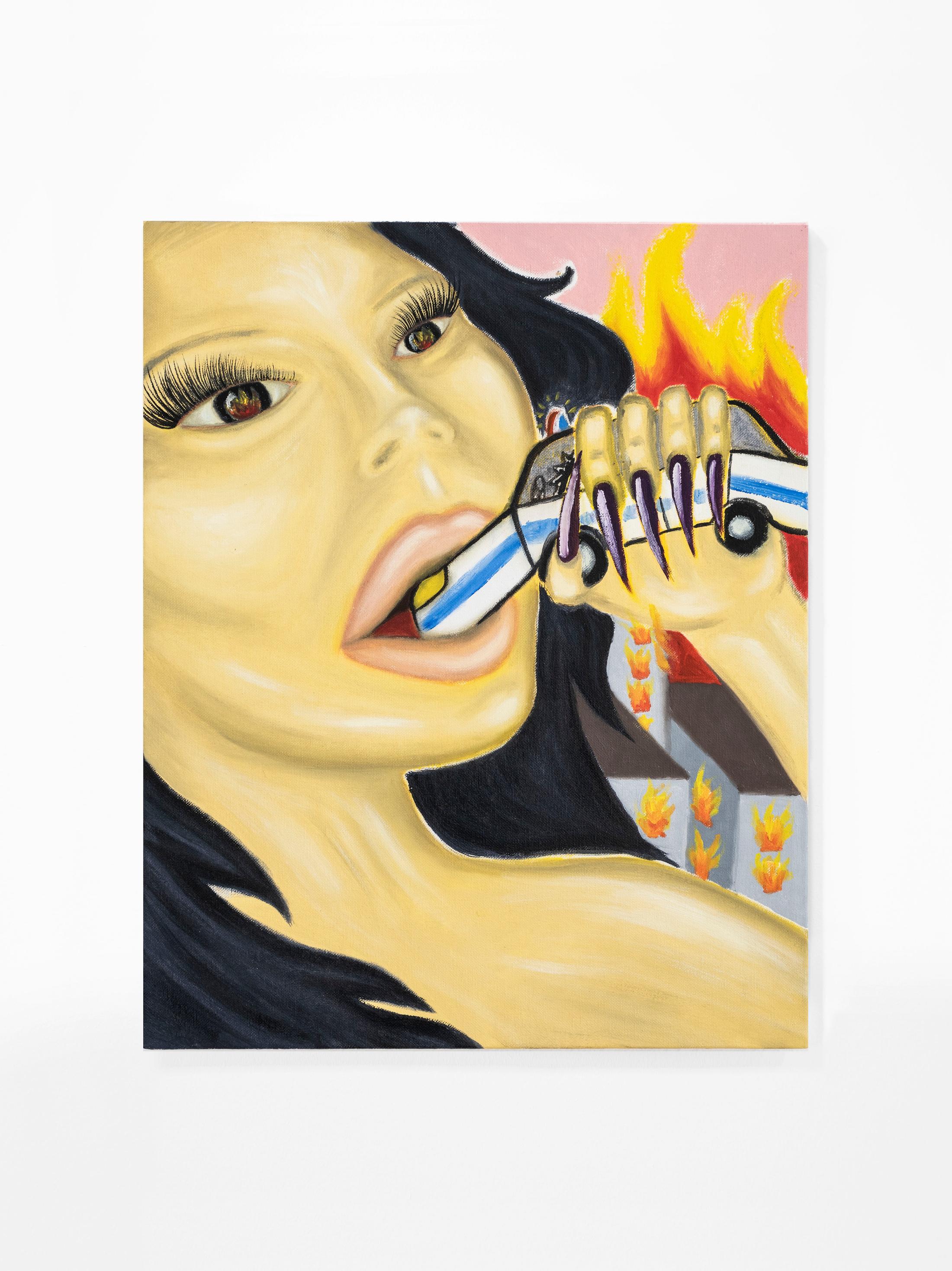 Exhibition View Azize Ferizi Soloshow «SIS IS HARDCORE; view on Azize Ferizi, It’s Getting Hot In Here, 2020, oil on wood, 50x30 cm» at Cherish, Geneva, 2020 / Photo: James Bantone / Courtesy: the artist and Cherish