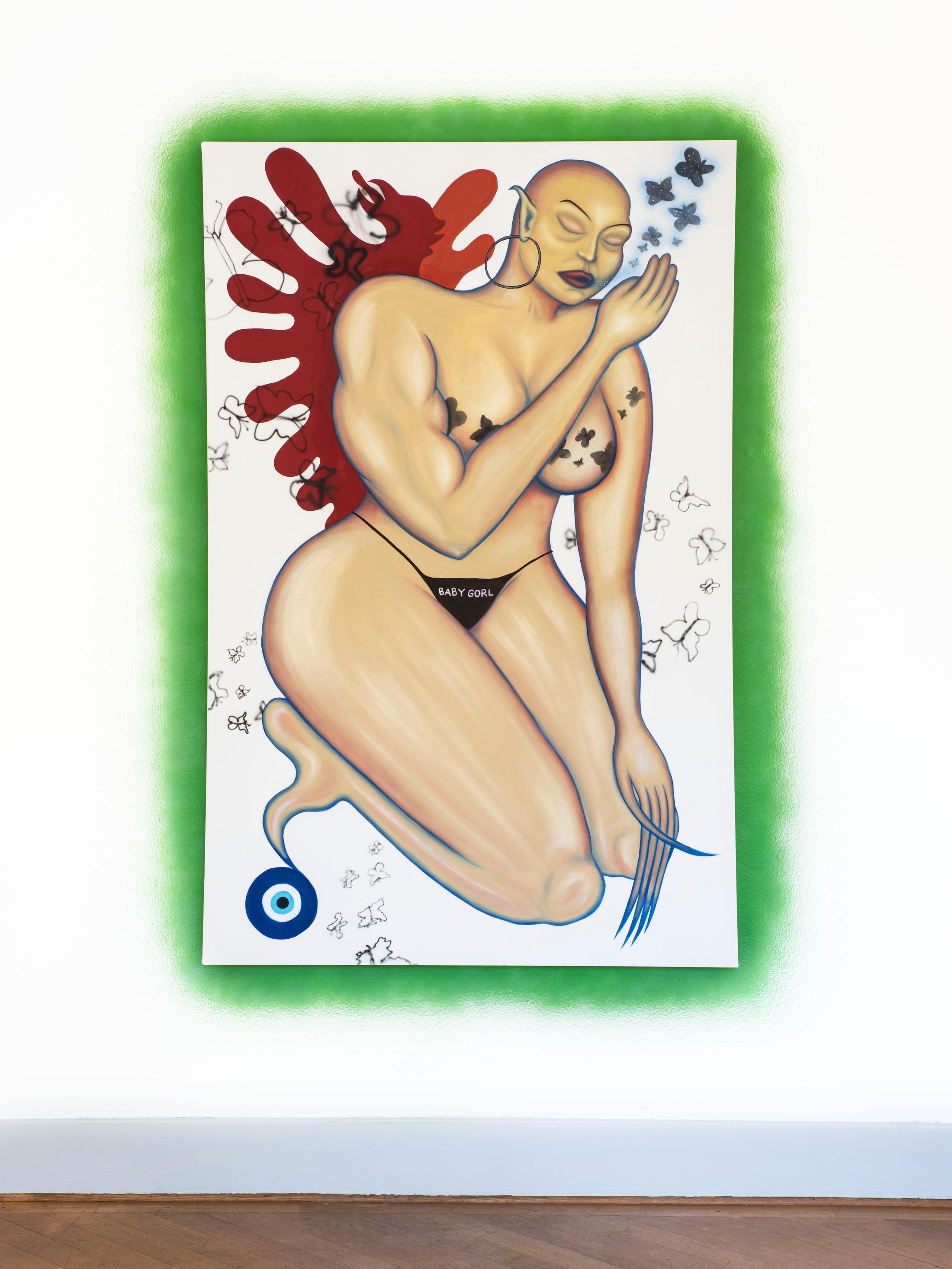 Exhibition View Azize Ferizi Soloshow «SIS IS HARDCORE; view on Azize Ferizi, The Whisperer, 2020, oil on canvas, 170x110 cm» at Cherish, Geneva, 2020 / Photo: James Bantone / Courtesy: the artist and Cherish