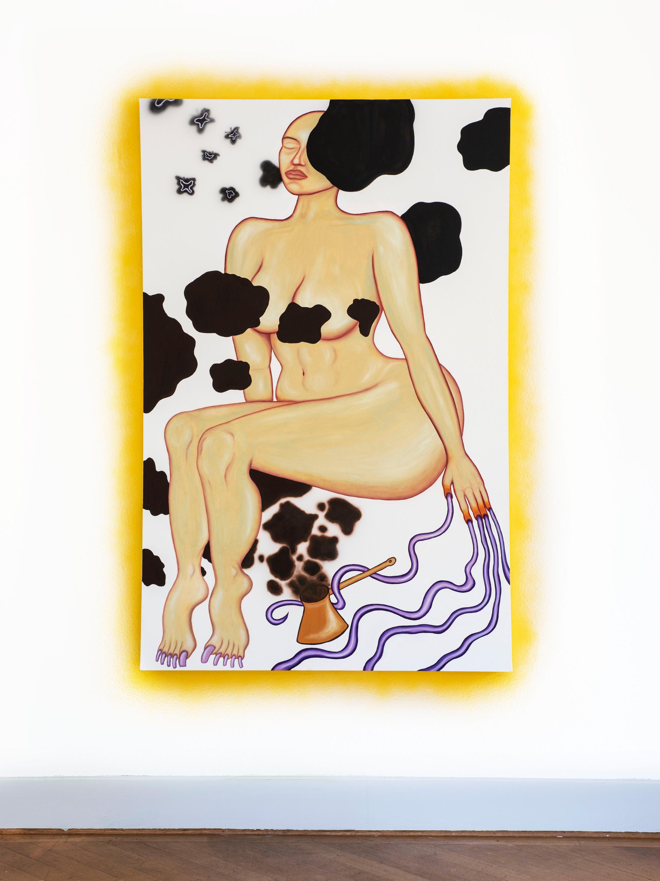 Exhibition View Azize Ferizi Soloshow «SIS IS HARDCORE; view on Azize Ferizi, The Oracle, 2020, oil on canvas, 170x110 cm» at Cherish, Geneva, 2020 / Photo: James Bantone / Courtesy: the artist and Cherish