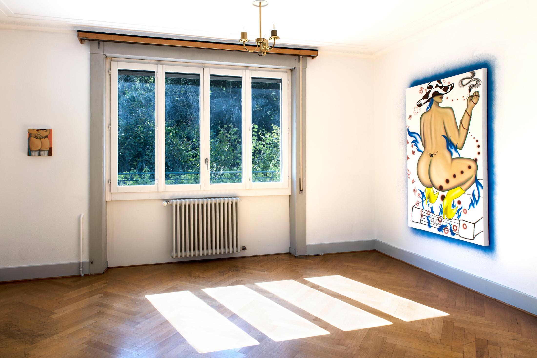 Exhibition View Azize Ferizi Soloshow «SIS IS HARDCORE; view on Azize Ferizi, Krusty, 2020, oil on wood, 30x40 cm» at Cherish, Geneva, 2020 / Photo: James Bantone / Courtesy: the artist and Cherish