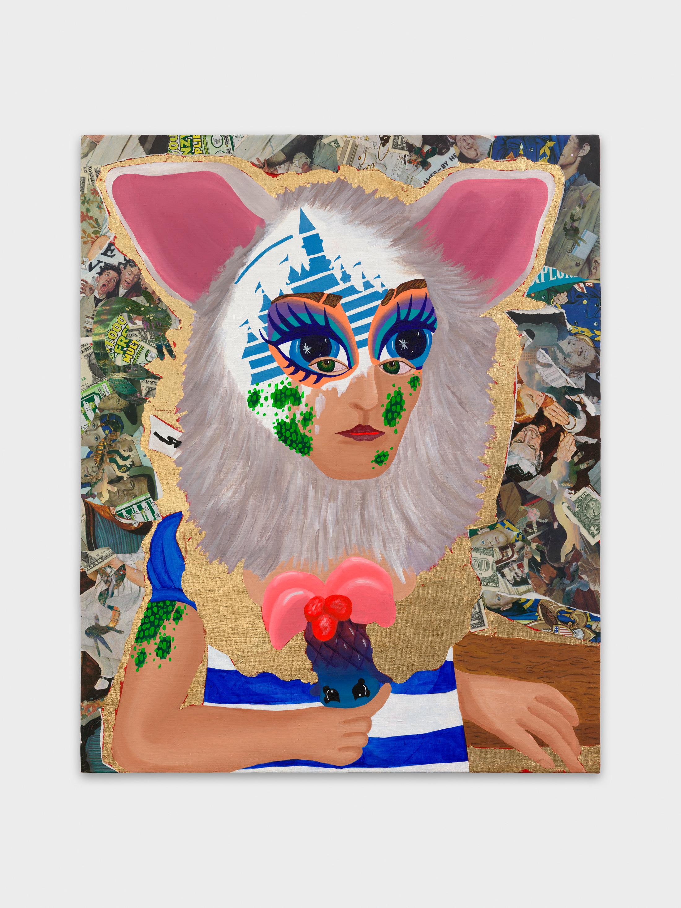 Exhibition View Bailey Scieszka Solo Show «The Flesh Failures; view on Bailey Scieszka, Furby/Girl with Disney Video Face Paint Holding a Shopkins Palm Tree with Little Saint James Themed Dress, 2021» at Galerie Maria Bernheim, Zurich, 2022 / Photo: Annik Wetter / Courtesy: the artist and Galerie Maria Bernheim