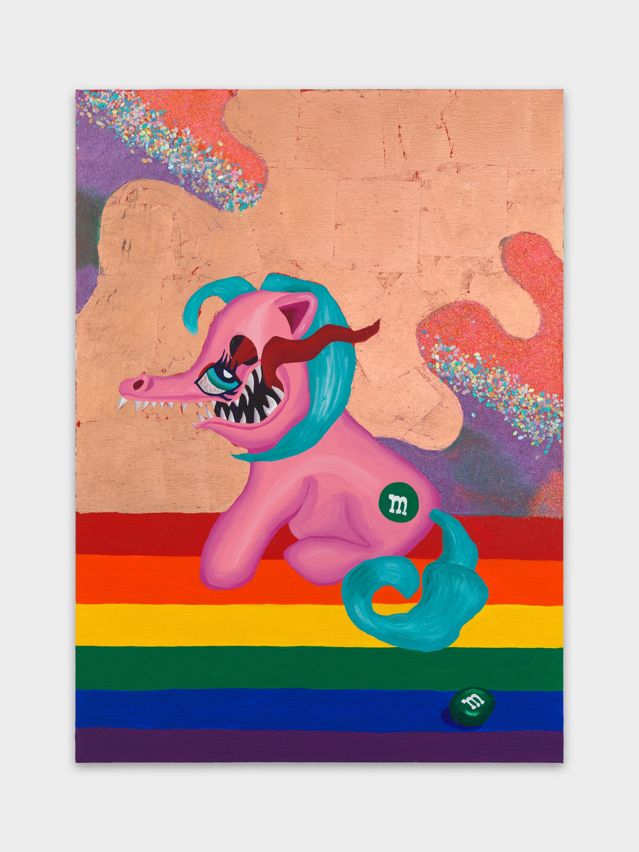 Exhibition View Bailey Scieszka Solo Show «The Flesh Failures; view on Bailey Scieszka, Ashamed Girls Ponies: Sexy Green M&M, 2022» at Galerie Maria Bernheim, Zurich, 2022 / Photo: Annik Wetter / Courtesy: the artist and Galerie Maria Bernheim