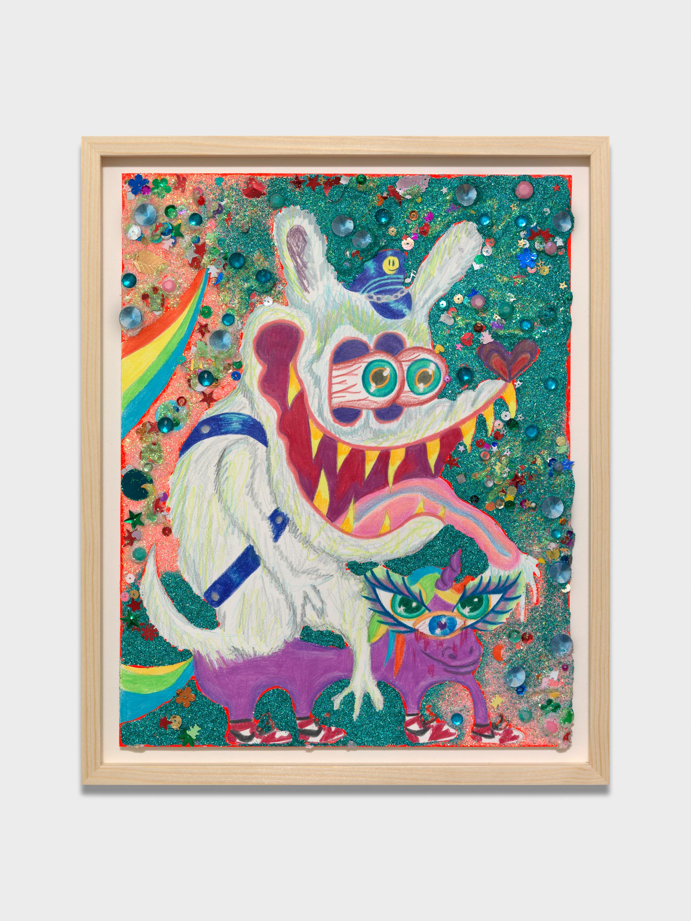 Exhibition View Bailey Scieszka Solo Show «The Flesh Failures; view on Bailey Scieszka, Ashamed Girls Pony #7 (OG Bobby Dolphin Riding a Purple Unicorn), 2021» at Galerie Maria Bernheim, Zurich, 2022 / Photo: Annik Wetter / Courtesy: the artist and Galerie Maria Bernheim