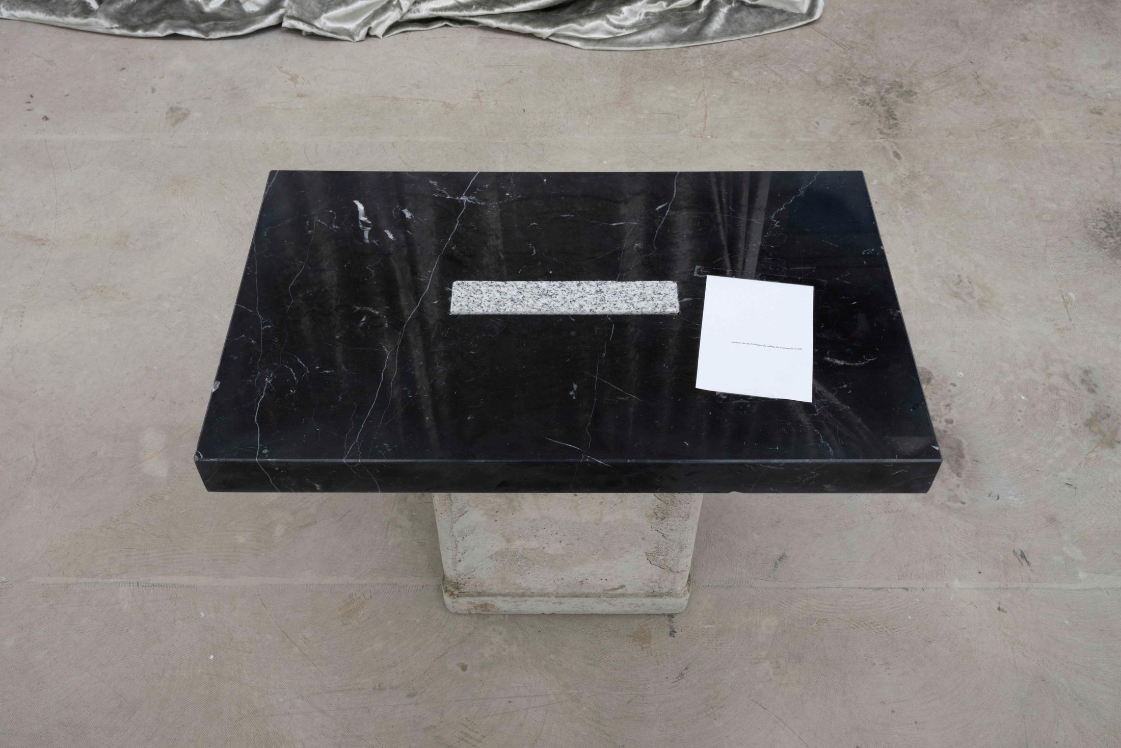 Exhibition View Bea Orlandi and Arnaud Wohlhauser Joint Exhibition «L'Avanspettacolo; view on Arnaud Wohlhauser, 1:2 copy of two stone tables located in the hall of the Wiedikon train station, 2020» at GALERIE PHILIPPZOLLINGER, Zurich, 2020 / Photo: Conradin Frei / Courtesy: the artists and GALERIE PHILIPPZOLLINGER