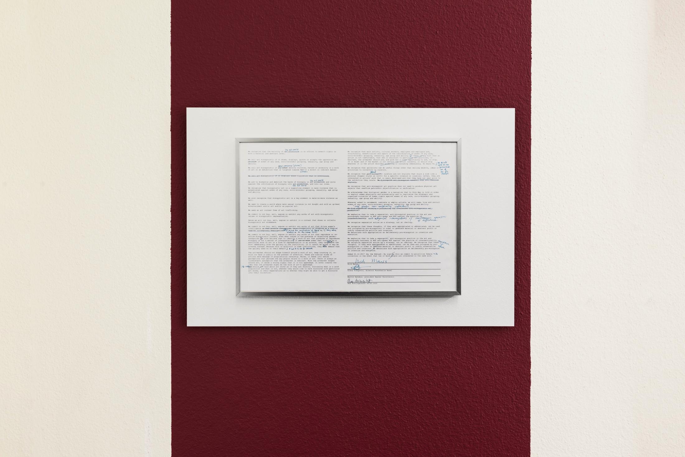 Exhibition View Bea Schlingelhoff Soloshow «soft mime win; view on softmimewin III (Basel, Kunsthalle Basel), 2020, documentation photo by Philipp Hänger, print on aluminum, 60x40 cm, cardinal wall paint, variable dimensions» at Cherish, Geneva, 2020 / Photo: James Bantone / Courtesy: the artist and Cherish