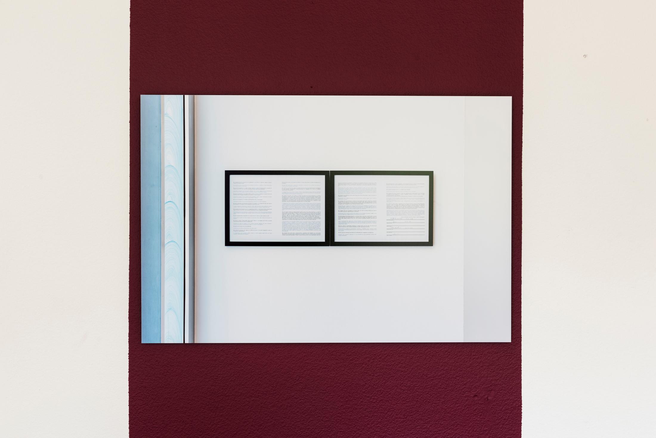 Exhibition View Bea Schlingelhoff Soloshow «soft mime win; view on softmimewin IV (Milan, Istituto Svizzero), 2020, documentation photo by Giulio Boem, print on aluminum, 90x60 cm, cardinal wall paint, variable dimensions» at Cherish, Geneva, 2020 / Photo: James Bantone / Courtesy: the artist and Cherish