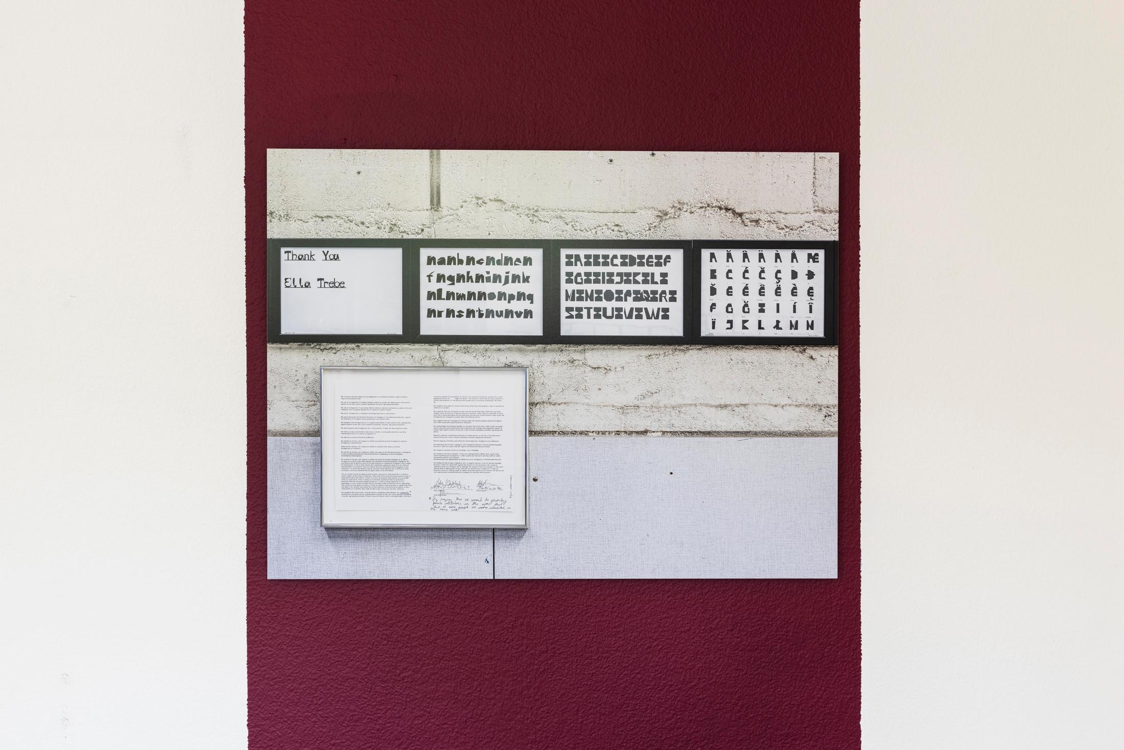 Exhibition View Bea Schlingelhoff Soloshow «soft mime win; view on softmimewin V (Oslo, Schloss), 2020, documentation provided by Schloss, print on aluminum, 80x60 cm, cardinal wall paint, variable dimensions» at Cherish, Geneva, 2020 / Photo: James Bantone / Courtesy: the artist and Cherish