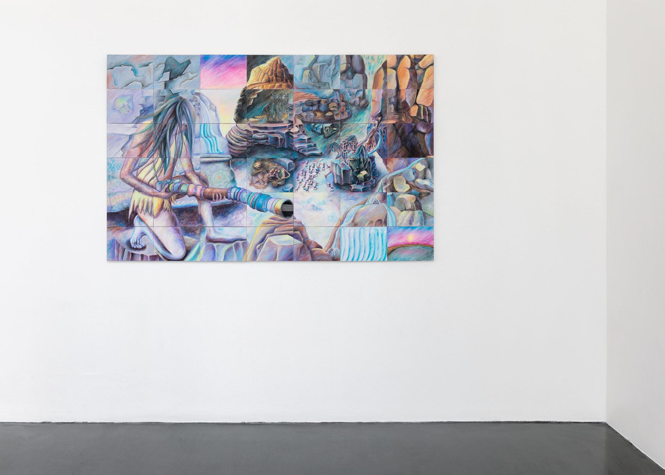 Exhibition View Beatrice Marchi and Mia Sanchez Duo Show «La Città e i Perdigiorno; view on Beatrice Marchi, The Photographer, 2020, Acrylic and pastel on wooden panels, acrylic under glass, 210 x 132 cm» at Istituto Svizzero, Milan, 2021 / Photo: Giulio Boem / Courtesy: artist and SANDY BROWN Berlin