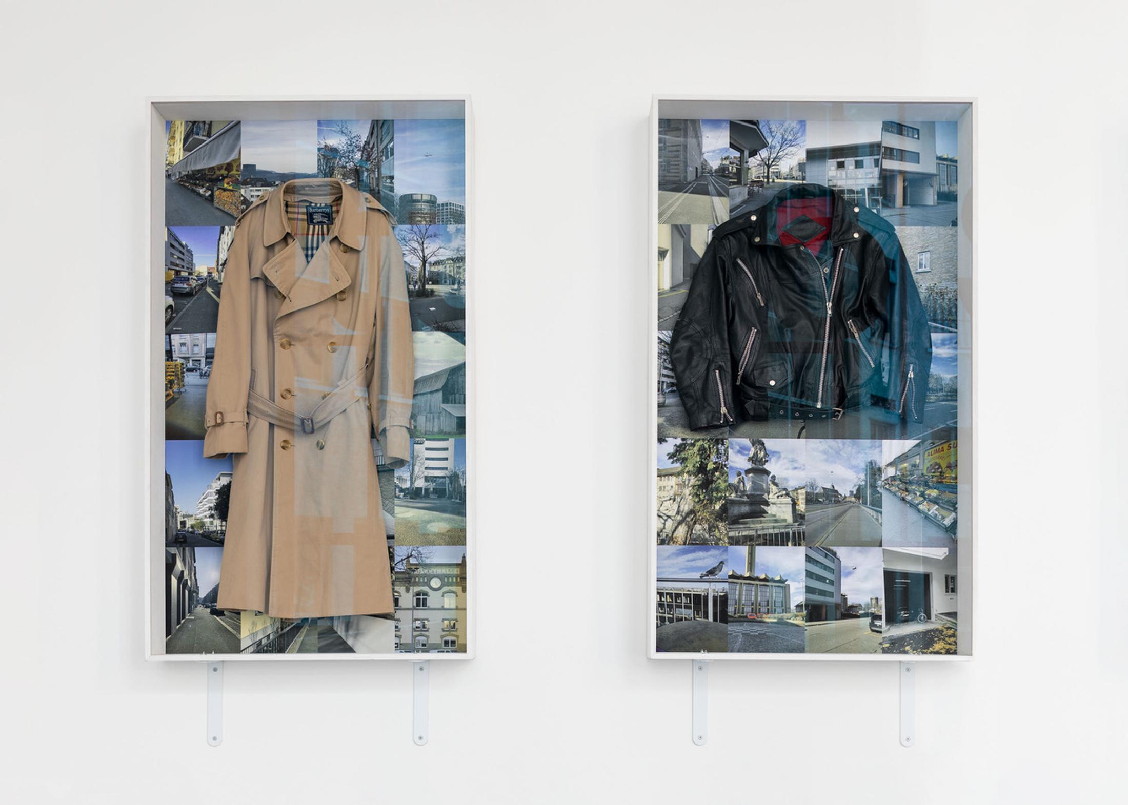 Exhibition View Beatrice Marchi and Mia Sanchez Duo Show «La Città e i Perdigiorno; view on Mia Sanchez, Trenchcoat, 2020; Leather Jacket, 2020» at Istituto Svizzero, Milan, 2021 / Photo: Giulio Boem / Courtesy: the artists and Instituto Svizzero