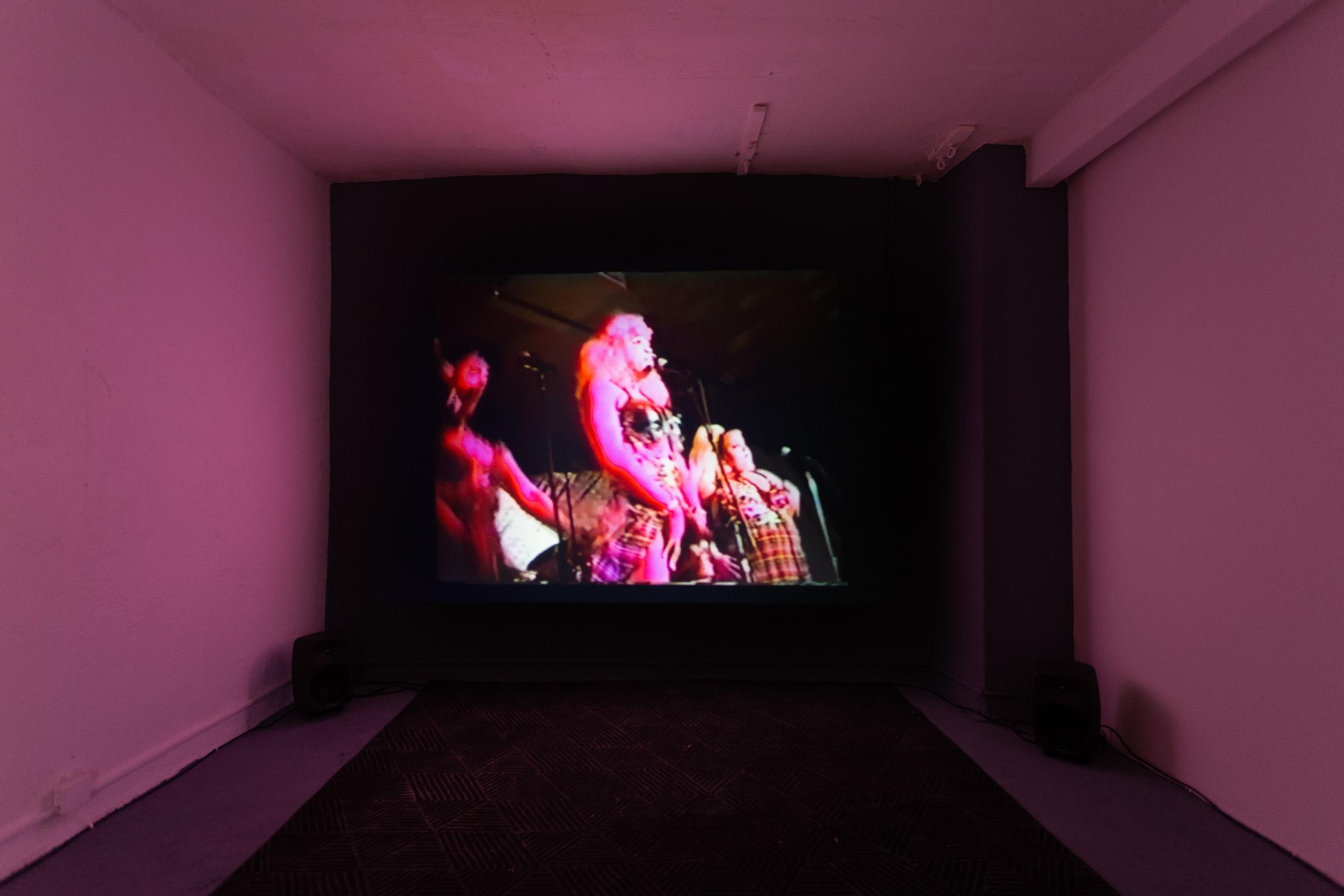 Exhibition View Groupshow «Can You Feel It?; view on Vaginal Davis, Cholita!, 1995, directed by Michelle Mills; Vaginal Davis, The Last Club Sucker, 1999, directed by Vaginal Davis» at Last Tango, Zurich, 2019 / Photo: Kilian Bannwart / Courtesy: the artist, Last Tango and Dan Gunn Gallery