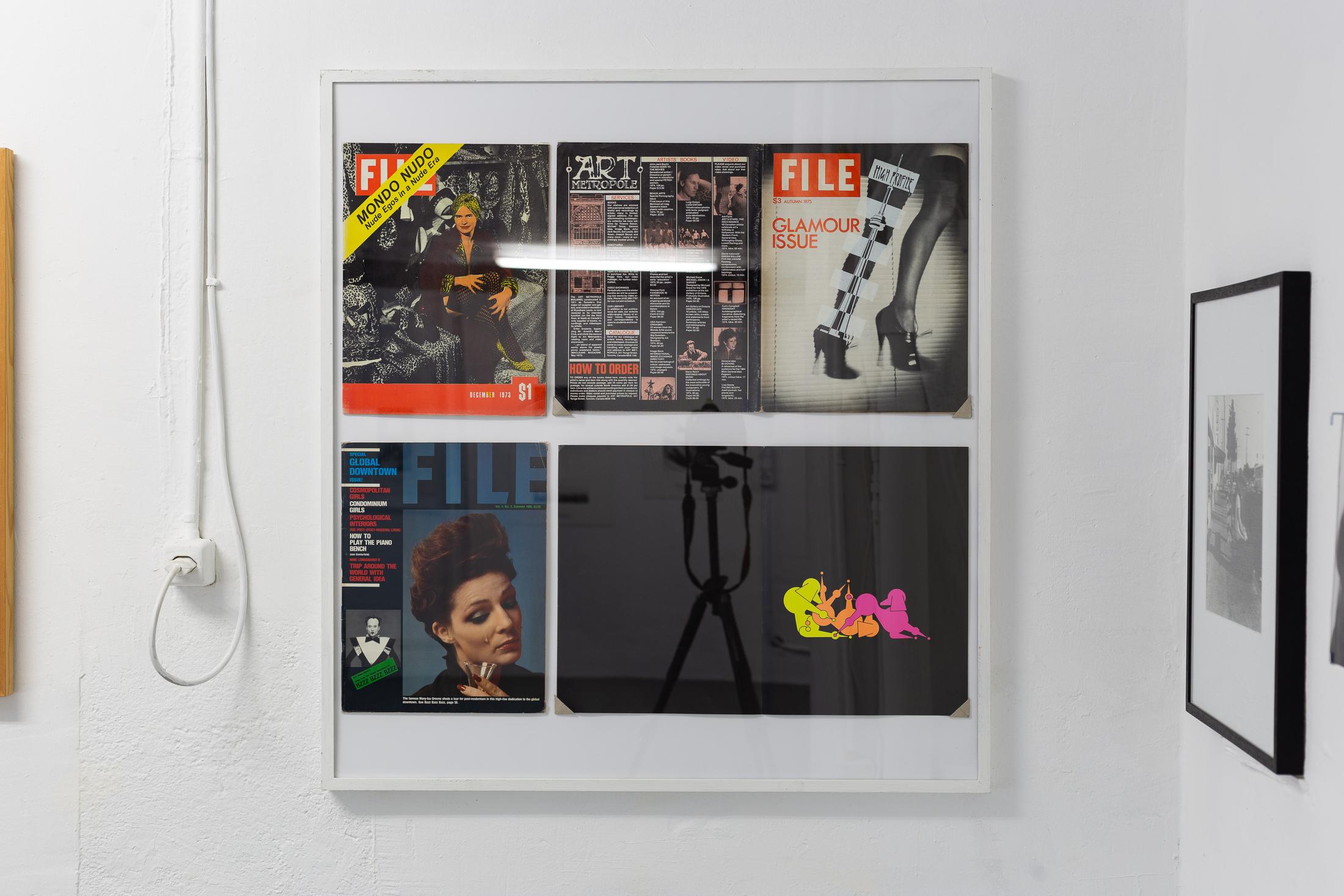 Exhibition View Groupshow «Can You Feel It?; view on General Idea, File Megazines ed. by General Idea, AA Bronson, Jorge Zontal and Felix Partz Special General Idea Issue: Vol. 5, No. 4 (1983) with Mondo Cane Kama Sutra; Mondo Nudo Issue, Vol. 2, No. 4 (December 1973); Glamour Issue, Vol. 3, No. 1 (Fall 1975); Special Global Downtown Issue, Vol. 4, No. 3, Summer 1980, offset-printed» at Last Tango, Zurich, 2019 / Photo: Kilian Bannwart / Courtesy: the artist and Last Tango