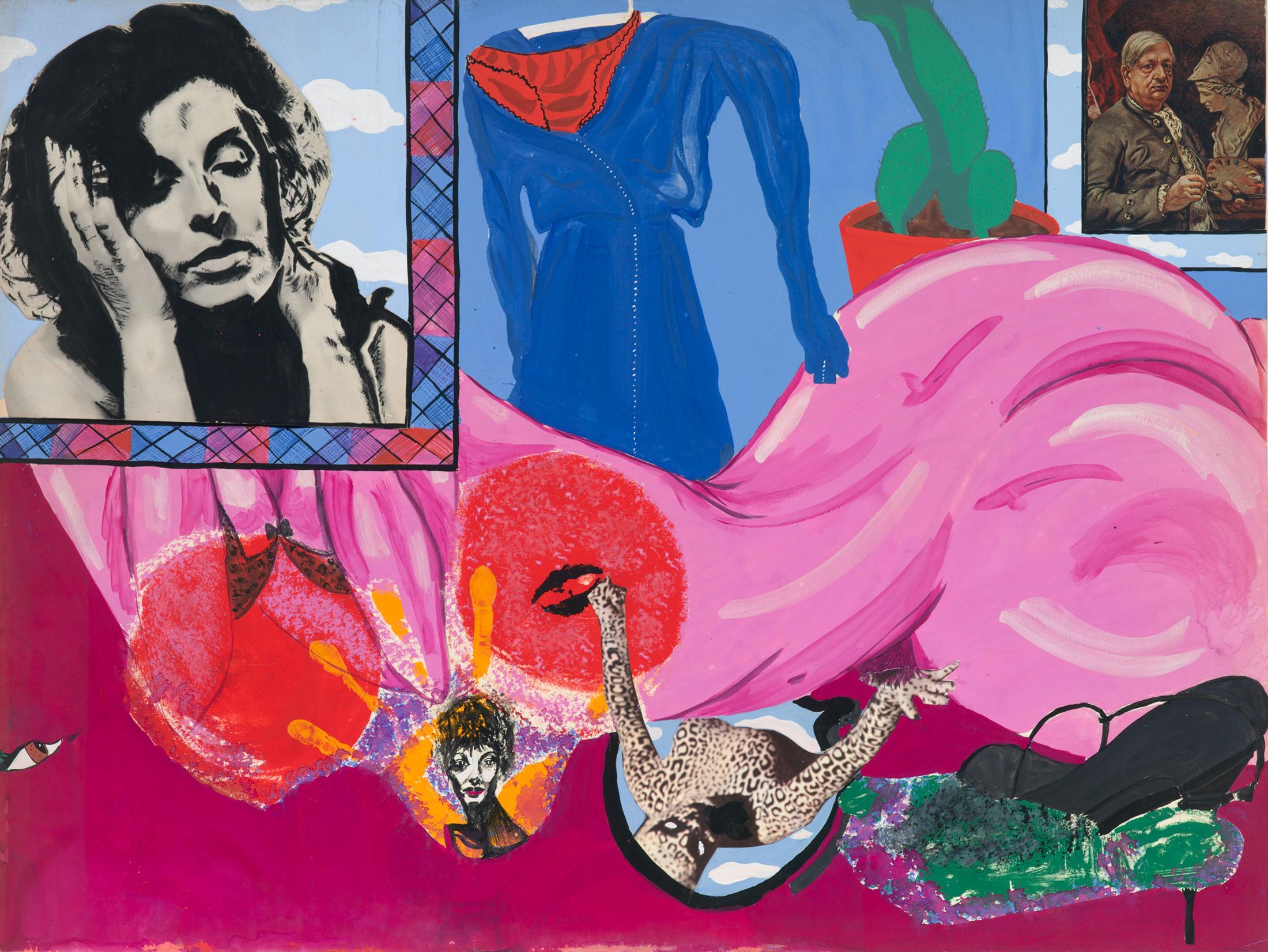 Exhibition View Evelyne Axell Solo Show «Body Double; view on Evelyne Axell, Tiger Woman (Autoportrait), 1964, mixed media and collage on paper, 54.9 × 72.9 cm» at Muzeum Susch, Susch, 2020 / Photo: Paul Louis / © ADAGP, Paris and Prolitteris, Zurich, 2020 / Courtesy: Collection Philippe Axell