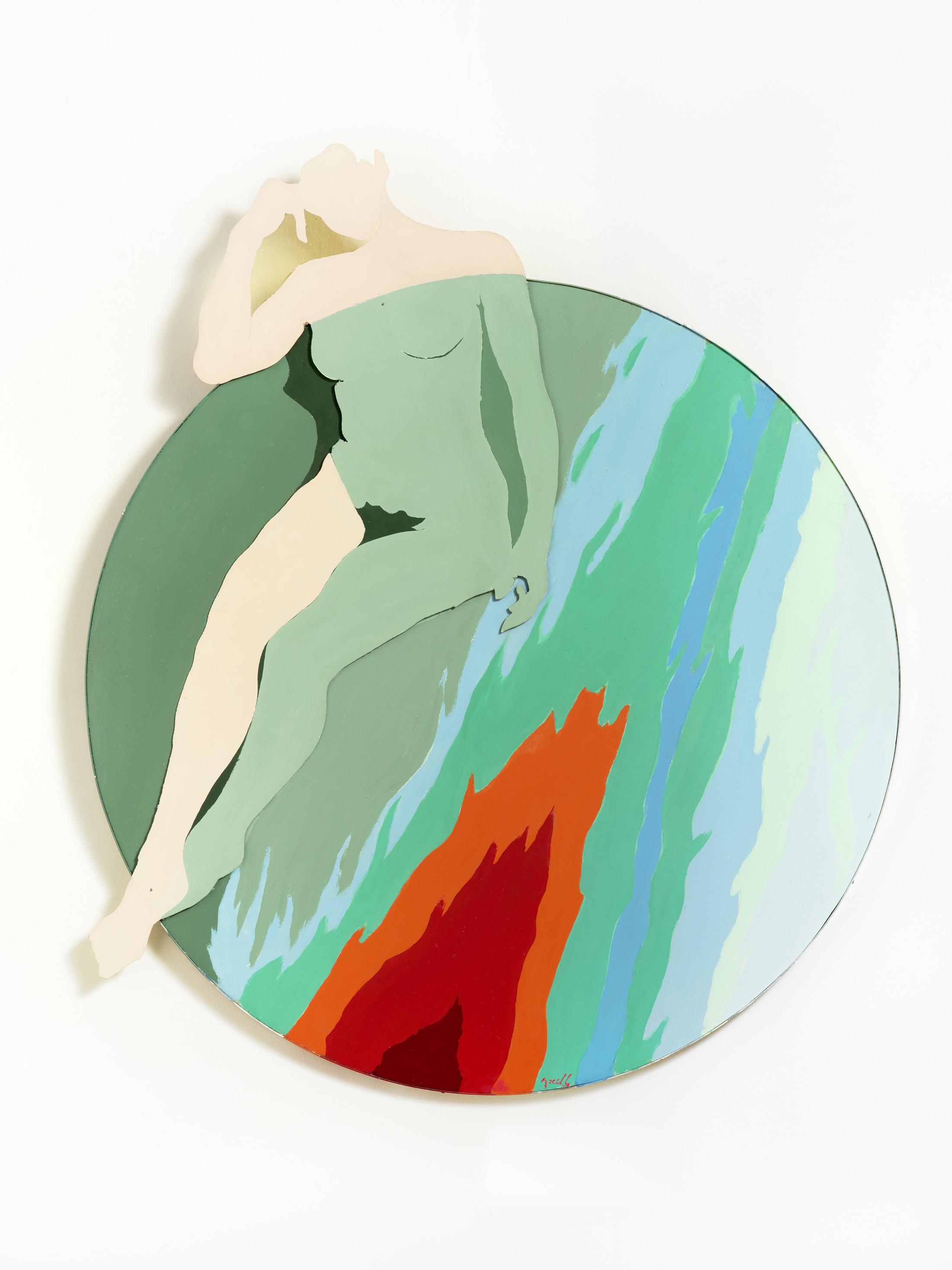 Exhibition View Evelyne Axell Solo Show «Body Double; view on Evelyne Axell, La Fille de Feu, 1967-1968, enamel on wood and Clartex, 120 × 110 cm» at Muzeum Susch, Susch, 2020 / Photo: Paul Louis / © ADAGP, Paris and Prolitteris, Zurich, 2020 / Courtesy: Collection Philippe Axell