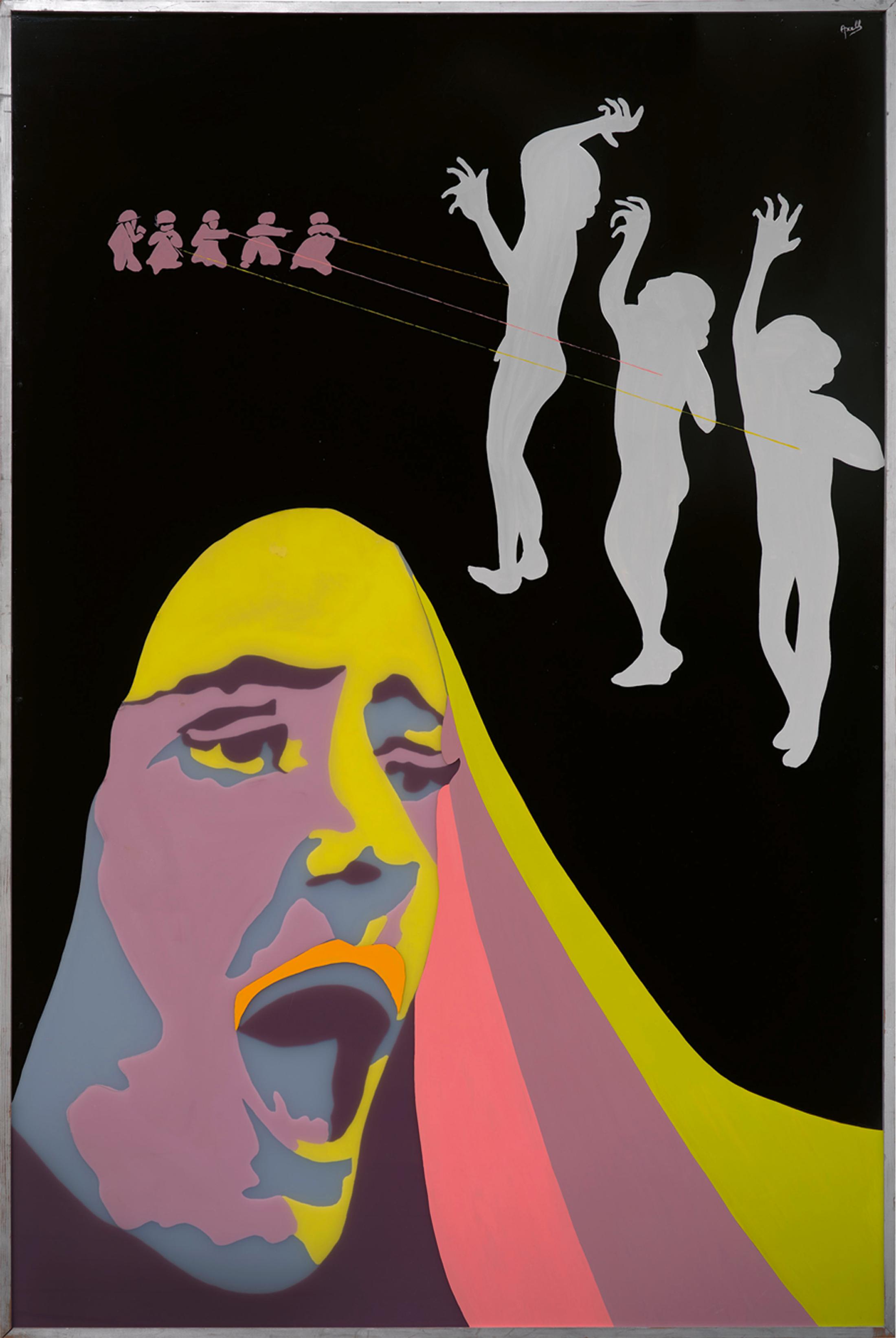 Exhibition View Evelyne Axell Solo Show «Body Double; view on Evelyne Axell, Campus, 1970, enamel on plexi glass, wood fibreboard, 193 × 128 cm» at Muzeum Susch, Susch, 2020 / Photo: Paul Louis / © ADAGP, Paris and Prolitteris, Zurich, 2020 / Courtesy: Collection Philippe Axell