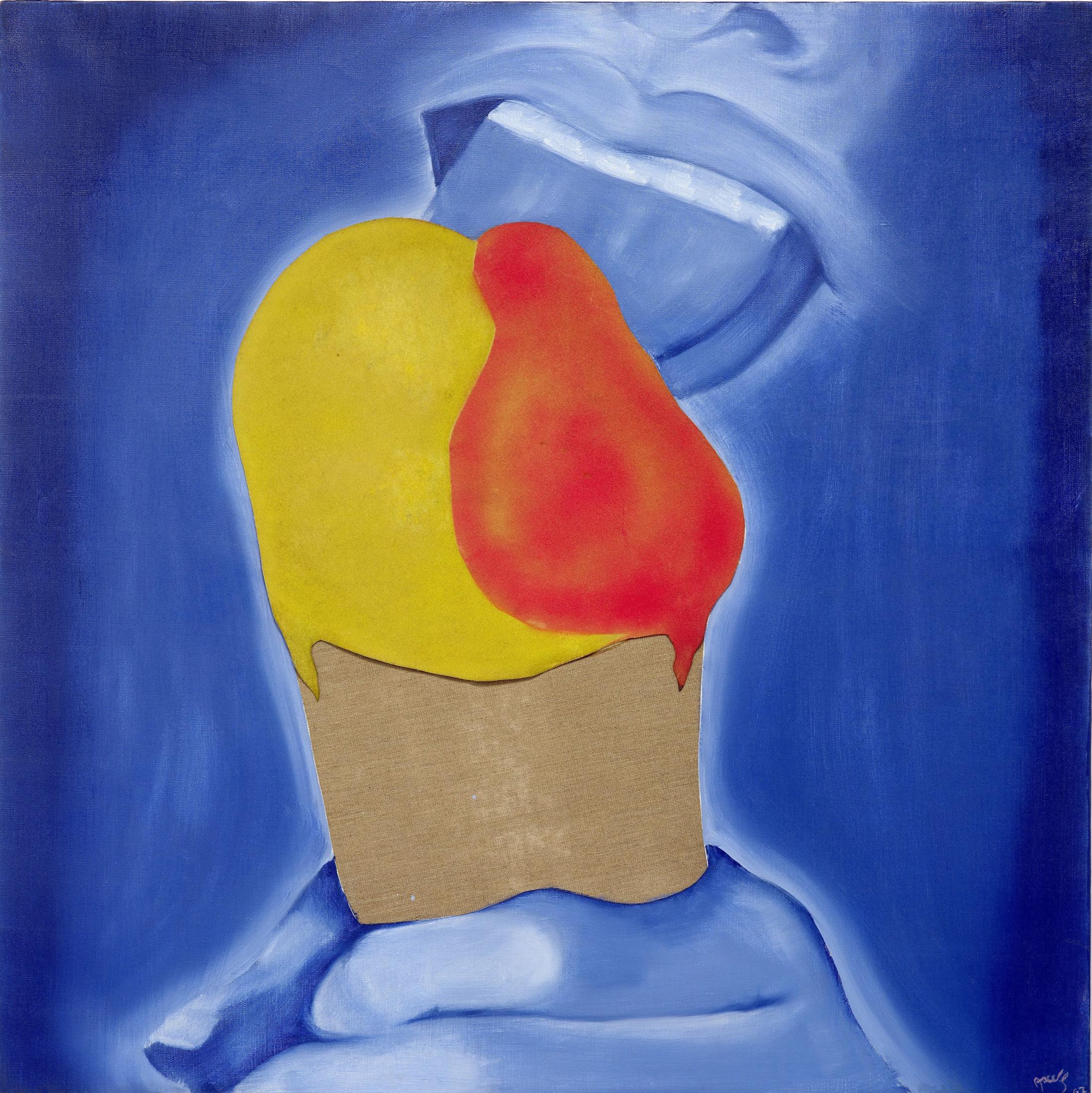 Exhibition View Evelyne Axell Solo Show «Body Double; view on Evelyne Axell, Ice Cream II, 1967, oil on canvas and cut canvas, 100 x 100 cm» at Muzeum Susch, Susch, 2020 / © ADAGP, Paris and Prolitteris, Zurich, 2020 / Courtesy: Private collection, Belgium; Bounameaux Art Expertise