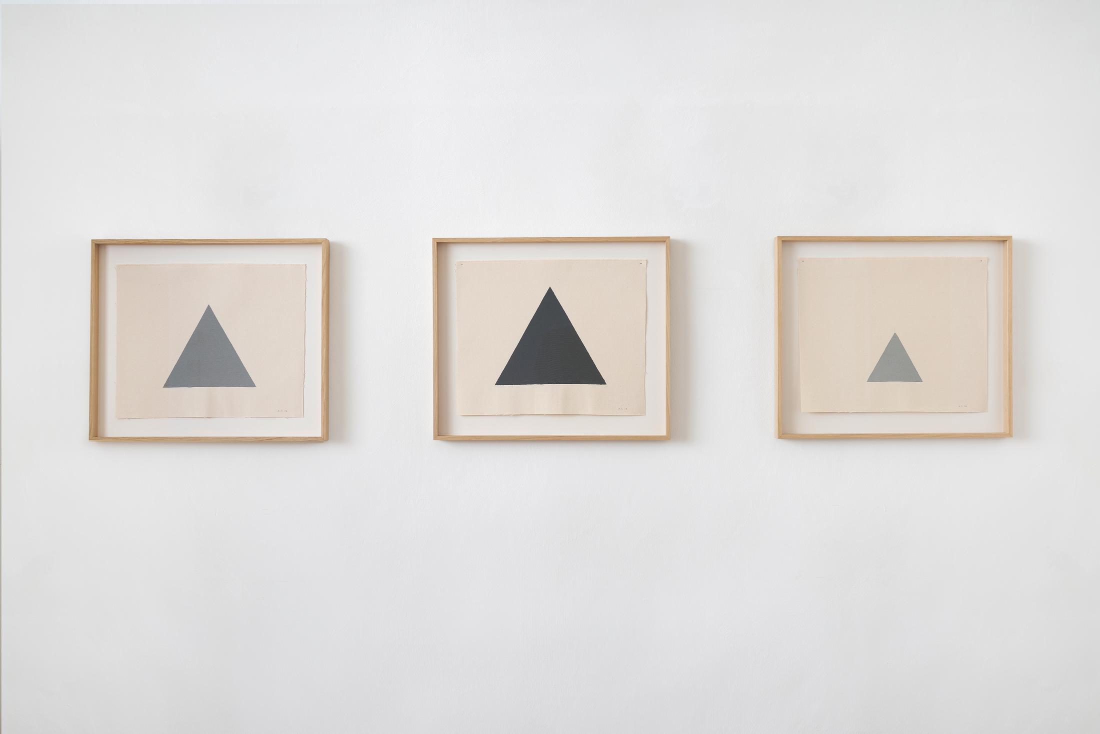 Exhibition View Alan Charlton Soloshow «It Started with a Chameleon; view on Triangle on Canvas (22.5 cm); (27 cm); (13.5), 2014» at Galerie Tschudi, Zuoz, 2019 / Photo: Ralph Feiner, Malans / courtesy: the artist and Galerie Tschudi