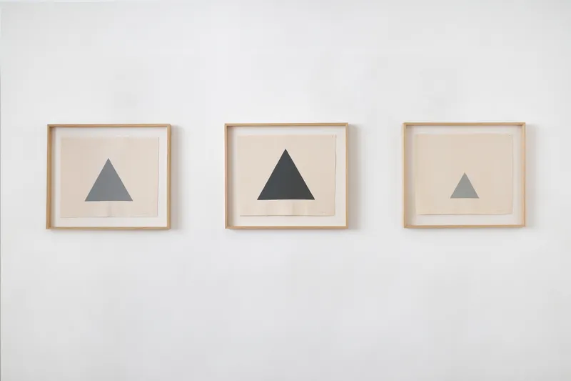 Exhibition View Alan Charlton Soloshow «It Started with a Chameleon; view on Triangle on Canvas (22.5 cm); (27 cm); (13.5), 2014» at Galerie Tschudi, Zuoz, 2019 / Photo: Ralph Feiner, Malans / courtesy: the artist and Galerie Tschudi