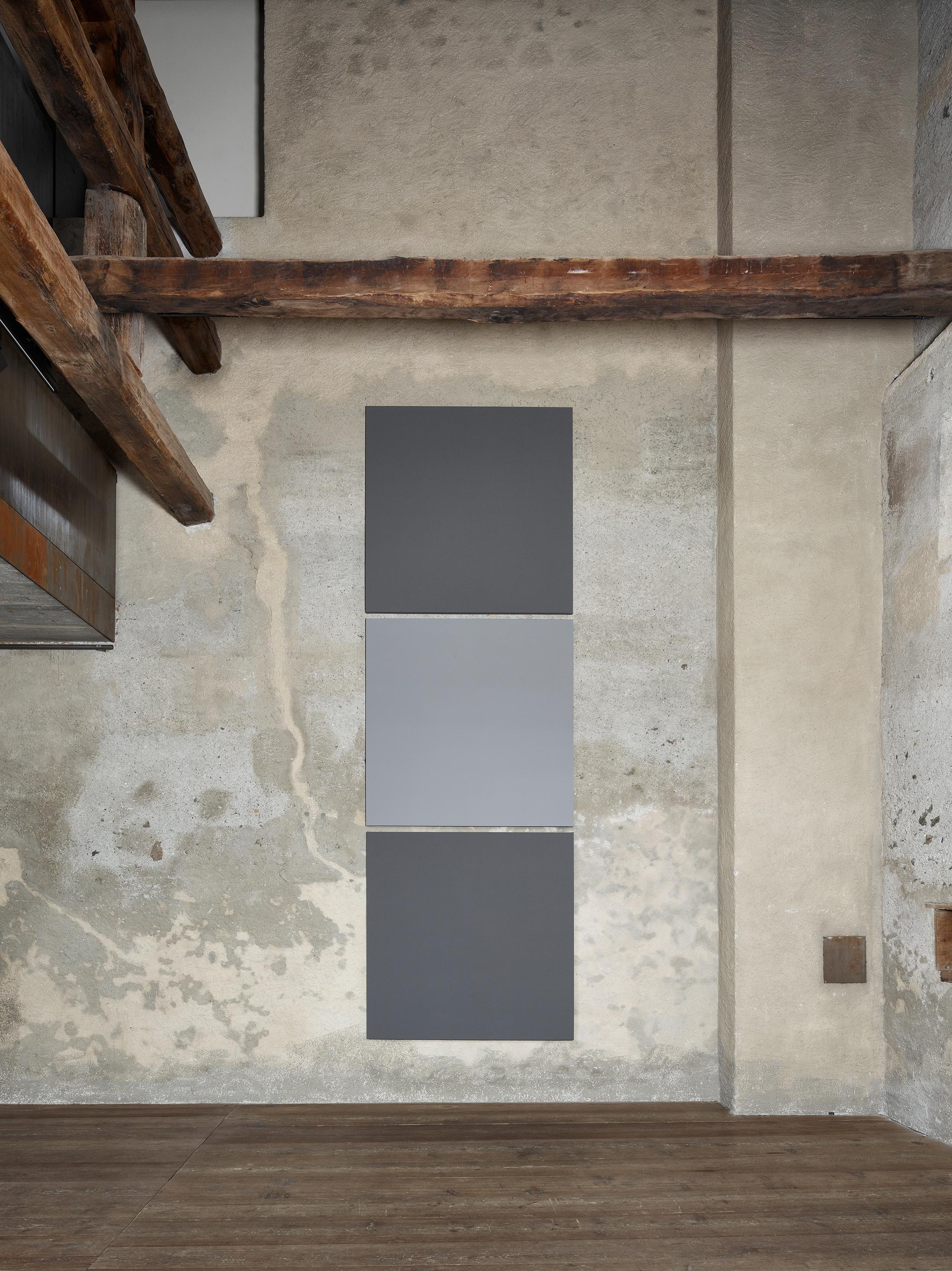 Exhibition View Alan Charlton Soloshow «It Started with a Chameleon; view on Block Painting, light grey with dark grey, 2019» at Galerie Tschudi, Zuoz, 2019 / Photo: Ralph Feiner, Malans / courtesy: the artist and Galerie Tschudi