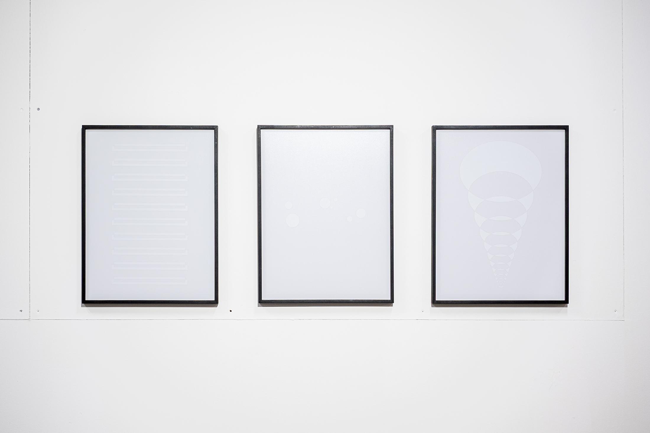 Exhibition View Group Show «Collections d’Artistes; view on Aurélie Pétrel, Process Matrice [image jachère], 2018-2023, laminated print satin-finish (virgin) and high-gloss white vinyl, 53 x 41.5 cm; Aurélie Pétrel, Process Matrice [géographie], 2018-2023, laminated print satin-finish (virgin) and high-gloss white vinyl, 53 x 41.5 cm; Aurélie Pétrel, Process Matrice [durée], 2018-2023, laminated print satin-finish (virgin) and high-gloss white vinyl, 53 x 41.5 cm» at Le Commun, Geneva, 2025 / Photo: Daniel Leal / Courtesy: Spielact Festival