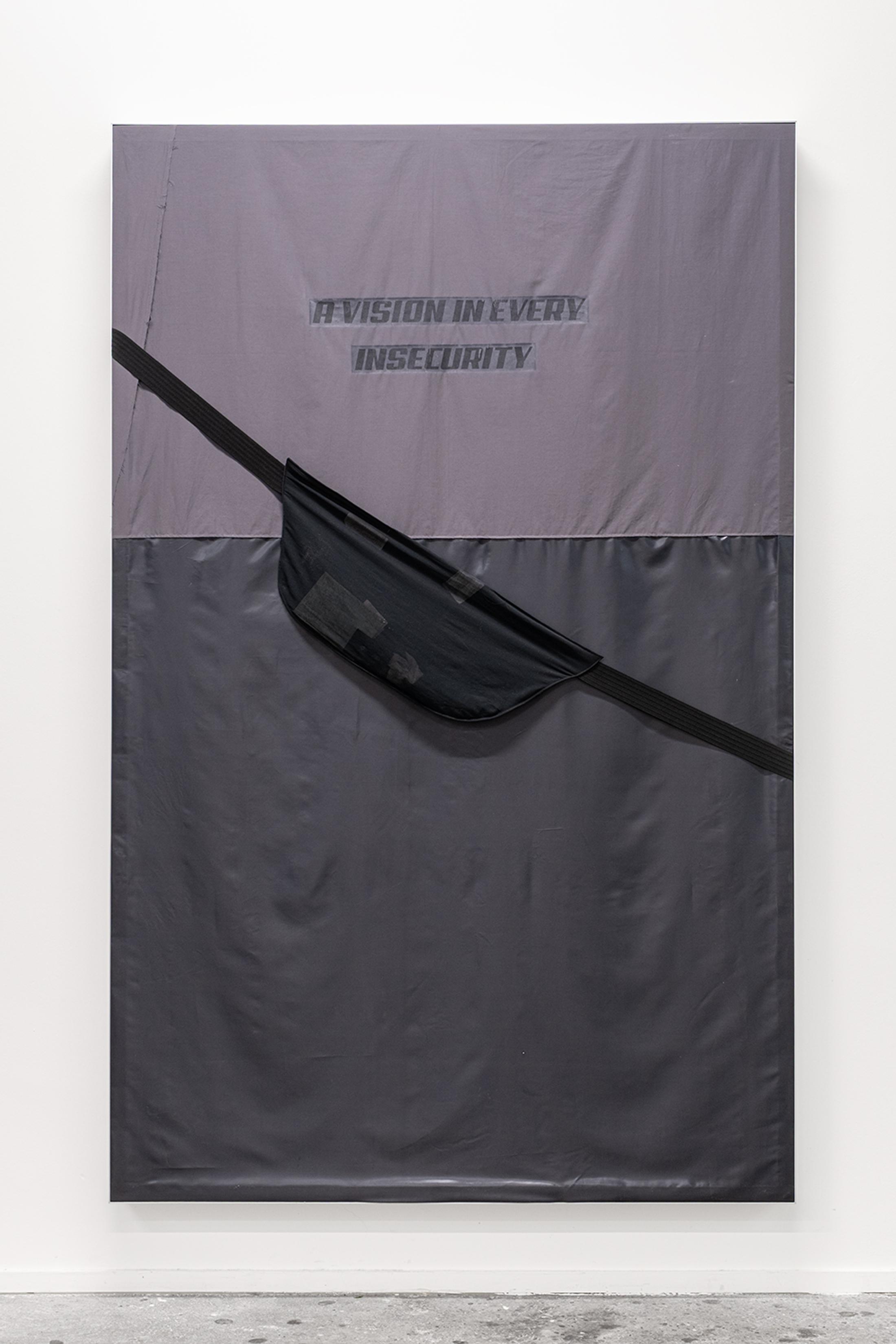 Exhibition View Group Show «Collections d’Artistes; view on Nina Rieben, Cheatsheets and dreams with signature (Pocket series), 2023, sewn textiles, drawing, aluminium frame, 205 x 130 x 10 cm» at Le Commun, Geneva, 2025 / Photo: Daniel Leal / Courtesy: Spielact Festival