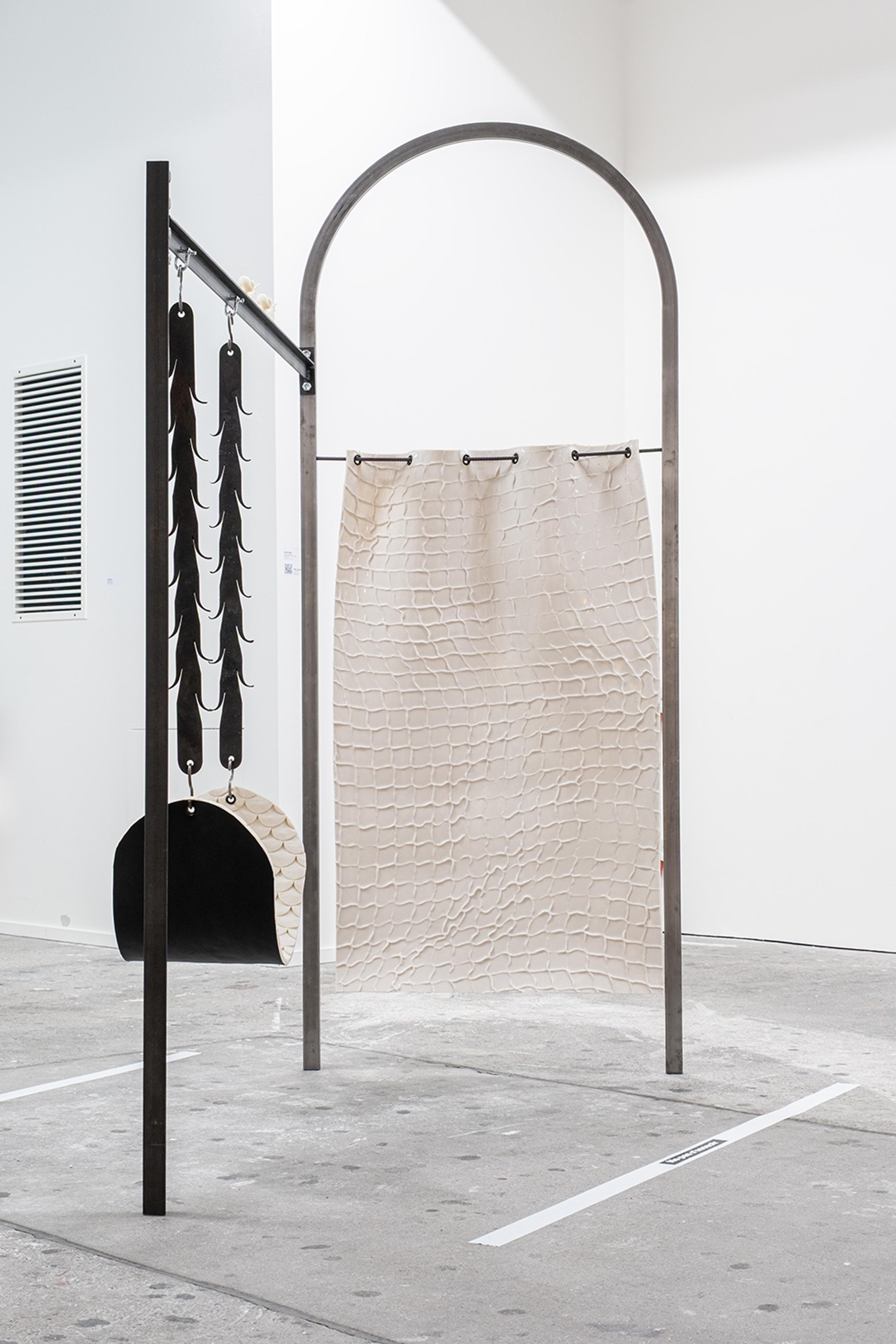 Exhibition View Group Show «Collections d’Artistes; view on Jeanne Tara, It’s in your hands, 2023, steel, wrought iron, silicone, synthetic leather, wax, 140 x 200 x 80 cm» at Le Commun, Geneva, 2025 / Photo: Daniel Leal / Courtesy: Spielact Festival