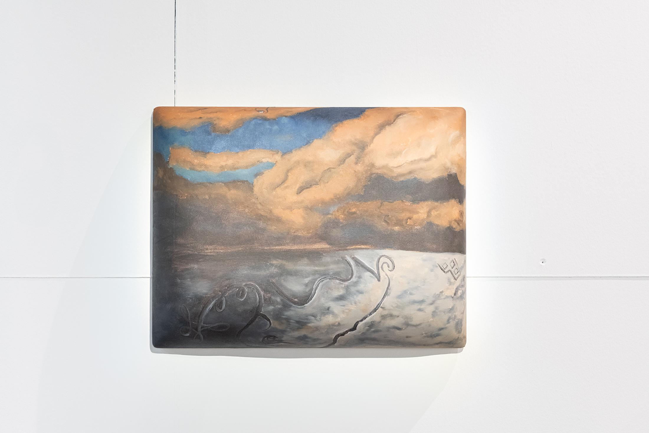 Exhibition View Group Show «Collections d’Artistes; view on Yann Stéphane Bisso, Whisper from the sky, nuit, 2022, foam, wood, oil on canvas, 52 x 40 cm» at Le Commun, Geneva, 2025 / Photo: Daniel Leal / Courtesy: Spielact Festival