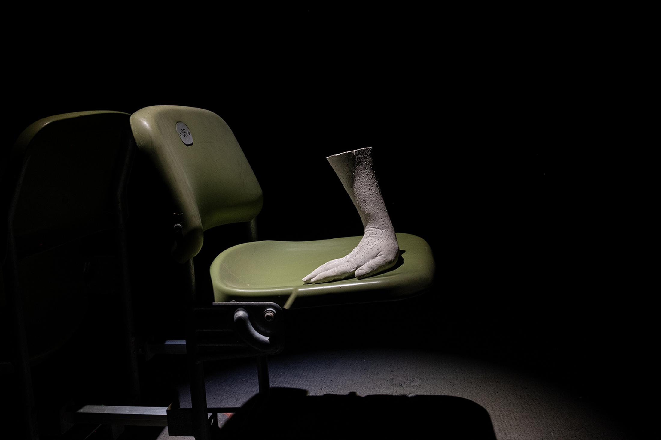 Exhibition View Group Show «Collections d’Artistes; view on Aramis Navarro, supernatural standby, 2024, concrete, plastic, metal, variable dimensions» at Le Commun, Geneva, 2025 / Photo: Daniel Leal / Courtesy: Spielact Festival