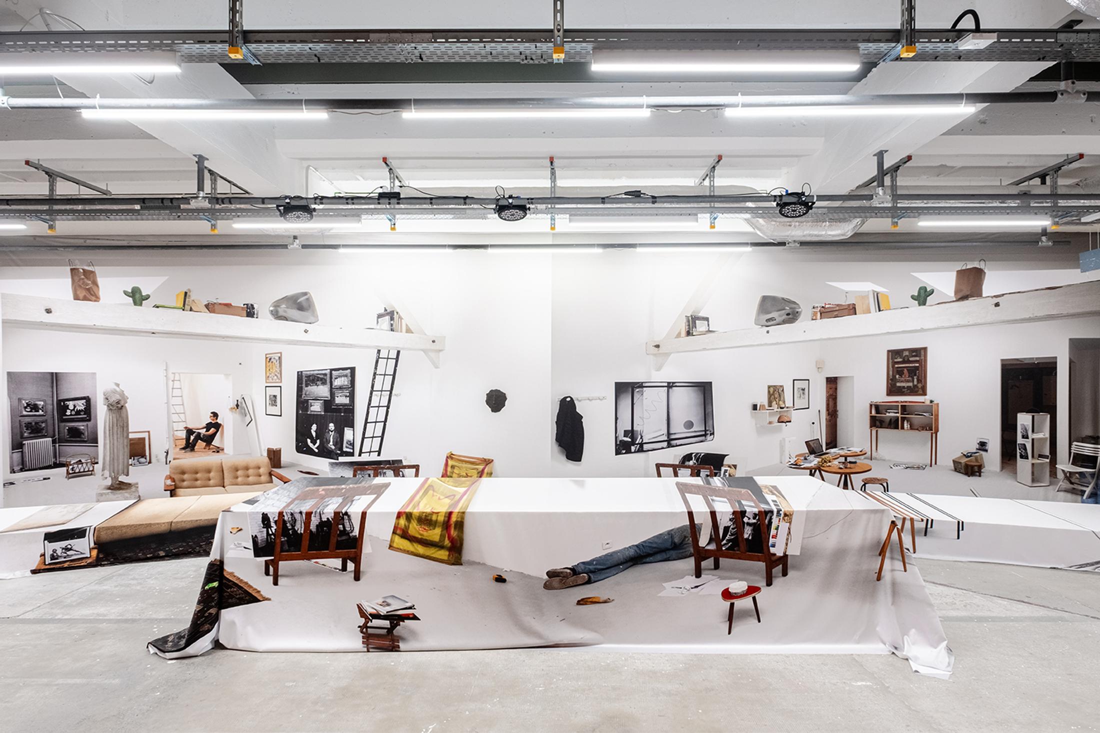 Exhibition View Group Show «Collections d’Artistes; view on Emmanuelle Lainé, Une Méthode des lieux, 2025, site-specific photographic installation, prints on textile, wood, variable dimensions» at Le Commun, Geneva, 2025 / Photo: Daniel Leal / Courtesy: Spielact Festival