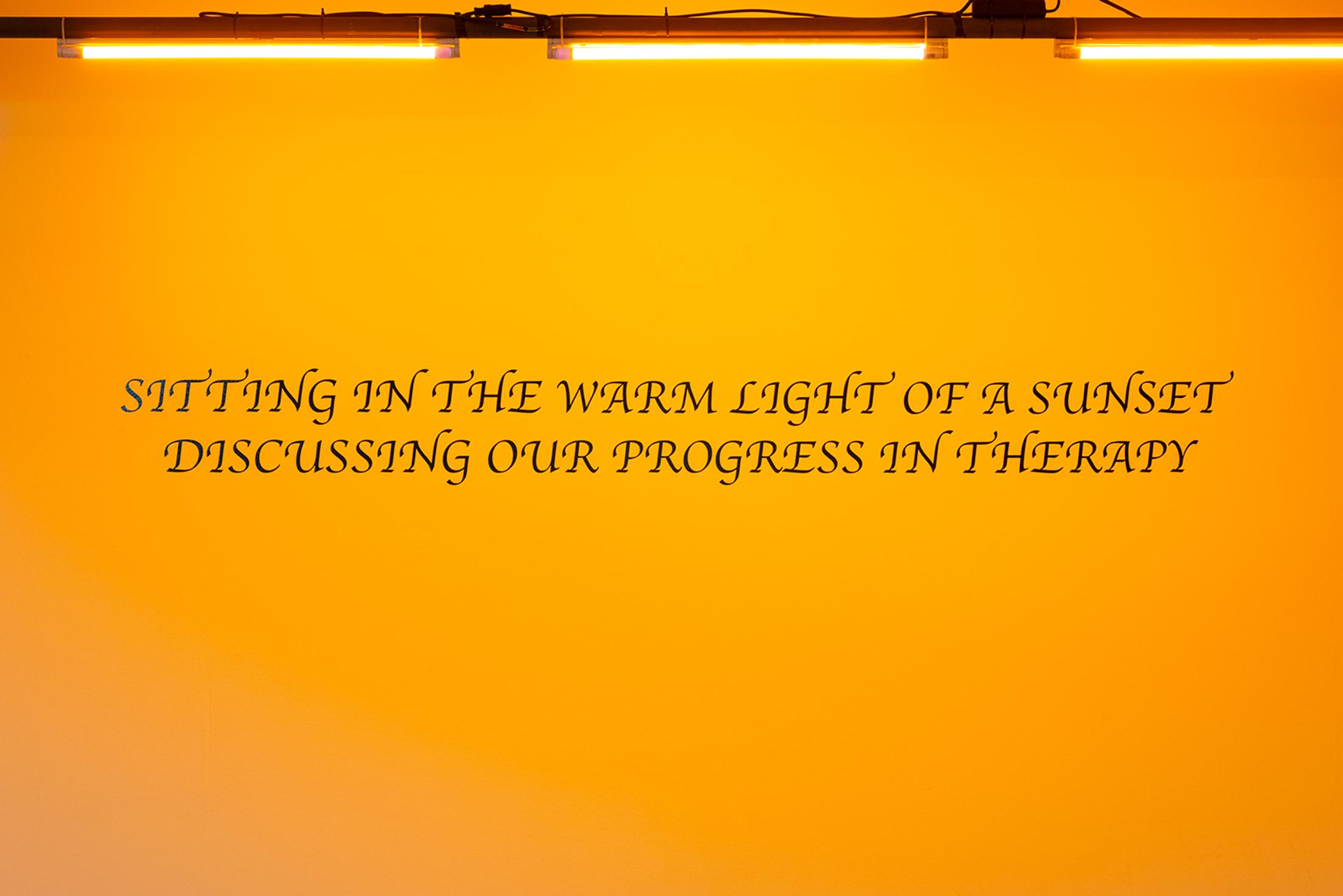 Exhibition View Group Show «Collections d’Artistes; view on Nina Rieben, Sitting in the warm light of a sunset discussing our progress in therapy, 2022-2025, adhesive film on wall, neon light, coloured gelatine, variable dimensions» at Le Commun, Geneva, 2025 / Photo: Daniel Leal / Courtesy: Spielact Festival