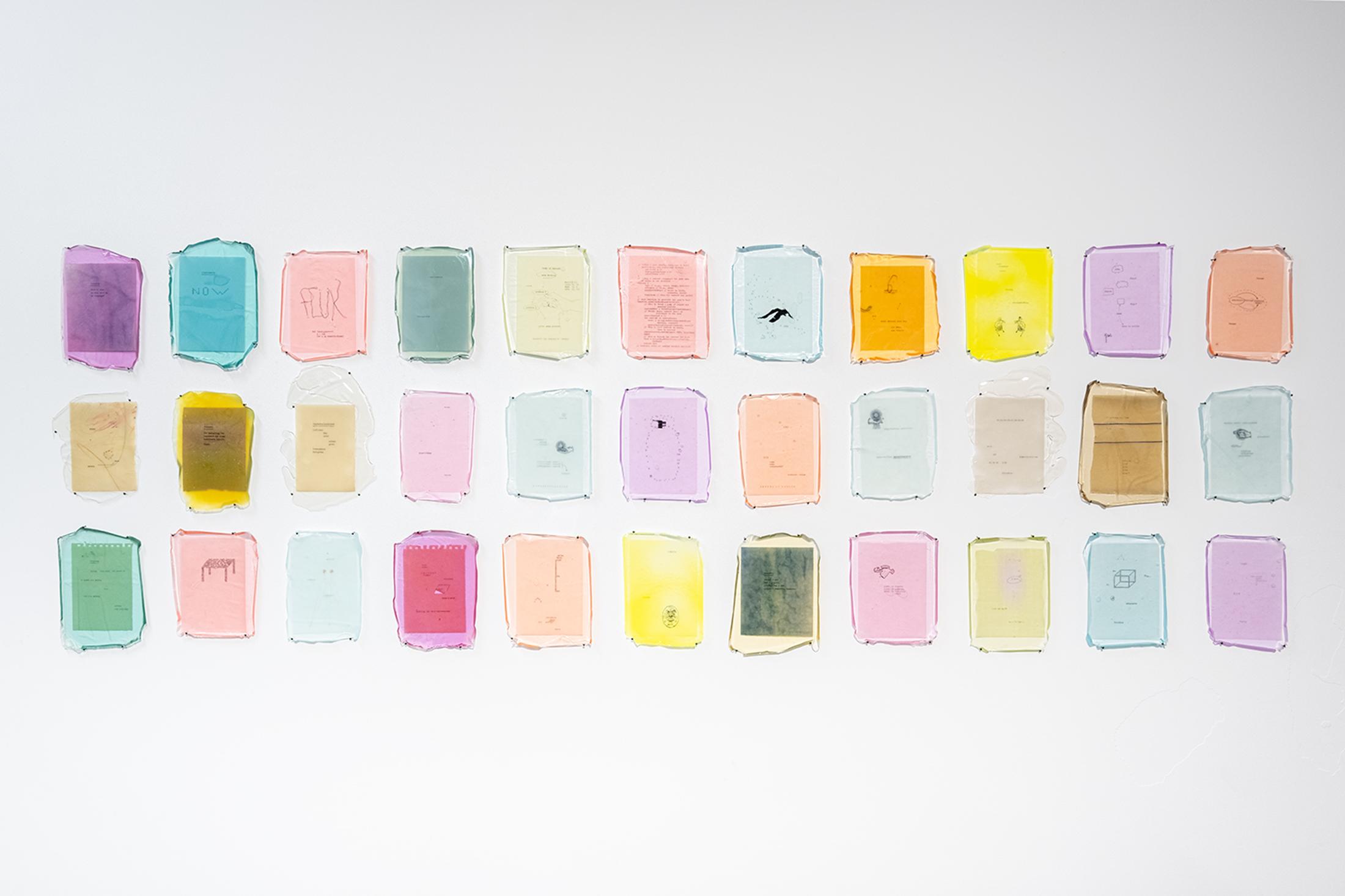 Exhibition View Group Show «Collections d’Artistes; view on Aramis Navarro, // (Inflected Introspection), 2019-ongoing, 35 pieces, ink, pigments, paper, resin, 28 x 14 x 1 cm each» at Le Commun, Geneva, 2025 / Photo: Daniel Leal / Courtesy: Spielact Festival