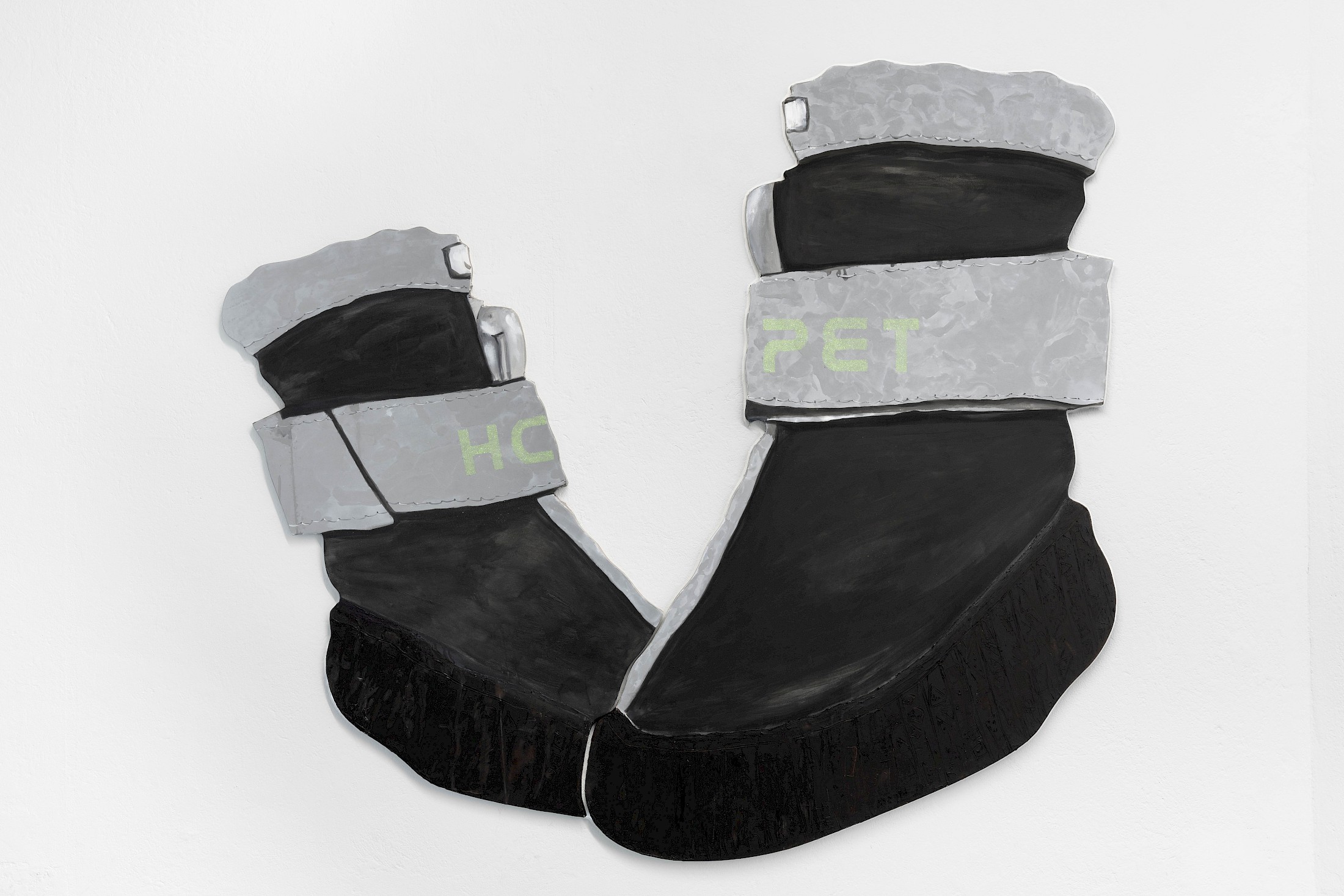 Exhibition View Salomé Engel Solo Show «From Cowboy to Cobaye; view on Salomé Engel, Hearts Crushed Pretty Early Tonight (HCPET), 2025, Acrylic, bitumen, reflective road marking paint, glitter on canvas, 181 × 202cm» at marytwo, Lucerne, Switzerland, 2025 / Photo: marytwo / Courtesy: the artist and marytwo