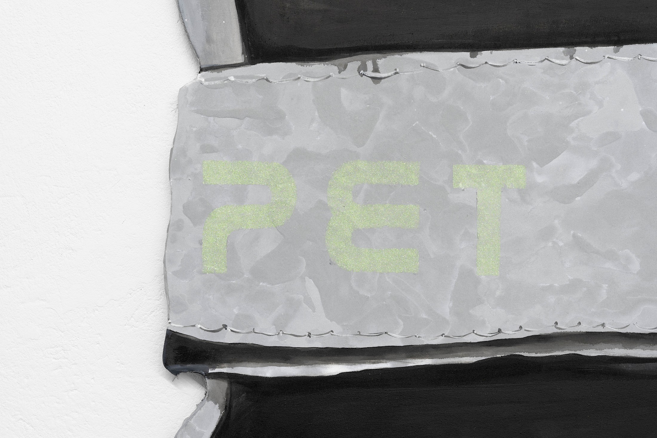 Exhibition View Salomé Engel Solo Show «From Cowboy to Cobaye; view on Salomé Engel, Hearts Crushed Pretty Early Tonight (HCPET) (detail), 2025, Acrylic, bitumen, reflective road marking paint, glitter on canvas, 181 × 202cm (detail)» at marytwo, Lucerne, Switzerland, 2025 / Photo: marytwo / Courtesy: the artist and marytwo