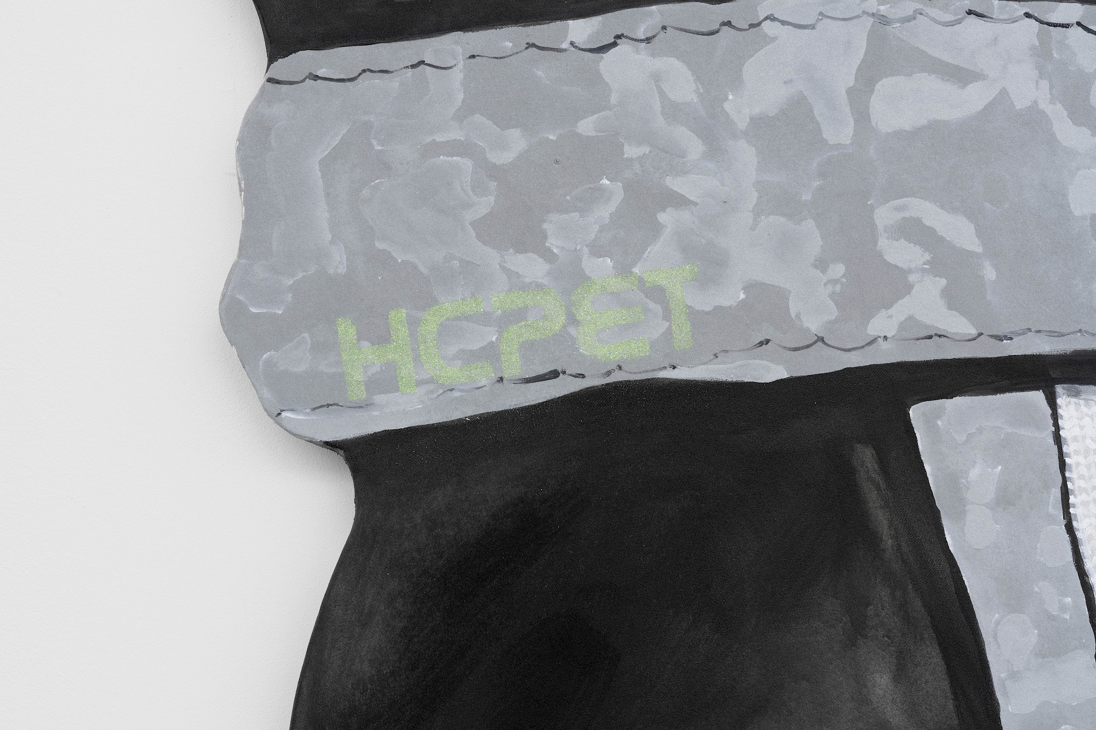 Exhibition View Salomé Engel Solo Show «From Cowboy to Cobaye; view on Salomé Engel, Heroic Conspiracies Promised Epic Tales (HCPET) (detail), 2025, Acrylic, bitumen, reflective road marking paint, glitter on canvas, 174 × 131cm» at marytwo, Lucerne, Switzerland, 2025 / Photo: marytwo / Courtesy: the artist and marytwo