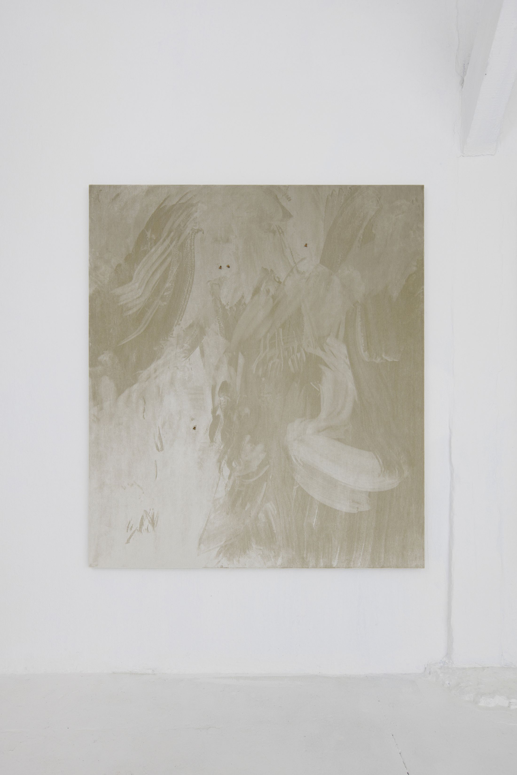 Exhibition View Solo Show Clément Grimm «Video 50 ; view on Palazzo Reloaded I, 2025, Velvet, wood, flies, paint, 159 x 139 cm» at Kissed Then Burned, Geneva, 2025-2026 / Photo: Antoni Aeby / Courtesy: the artist and Kissed Then Burned