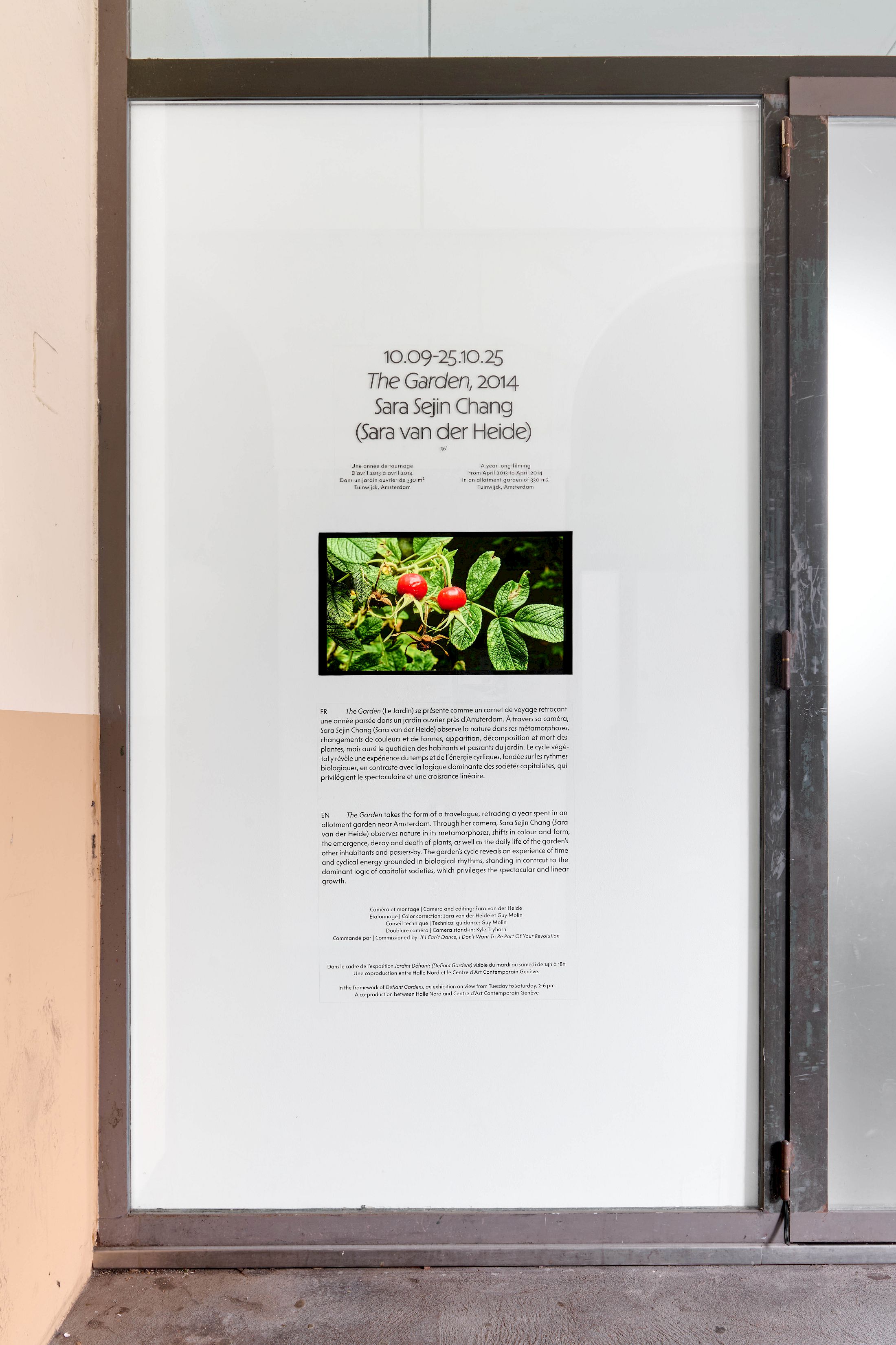 Exhibition View Group Show «Defiant Gardens ; view on Sara Sejin Chang (Sara van der Heide), The Garden, 2014» at Halle Nord, Geneva, 2025 / Photo: Thomas Maisonnasse / Courtesy: the artists and Halle Nord