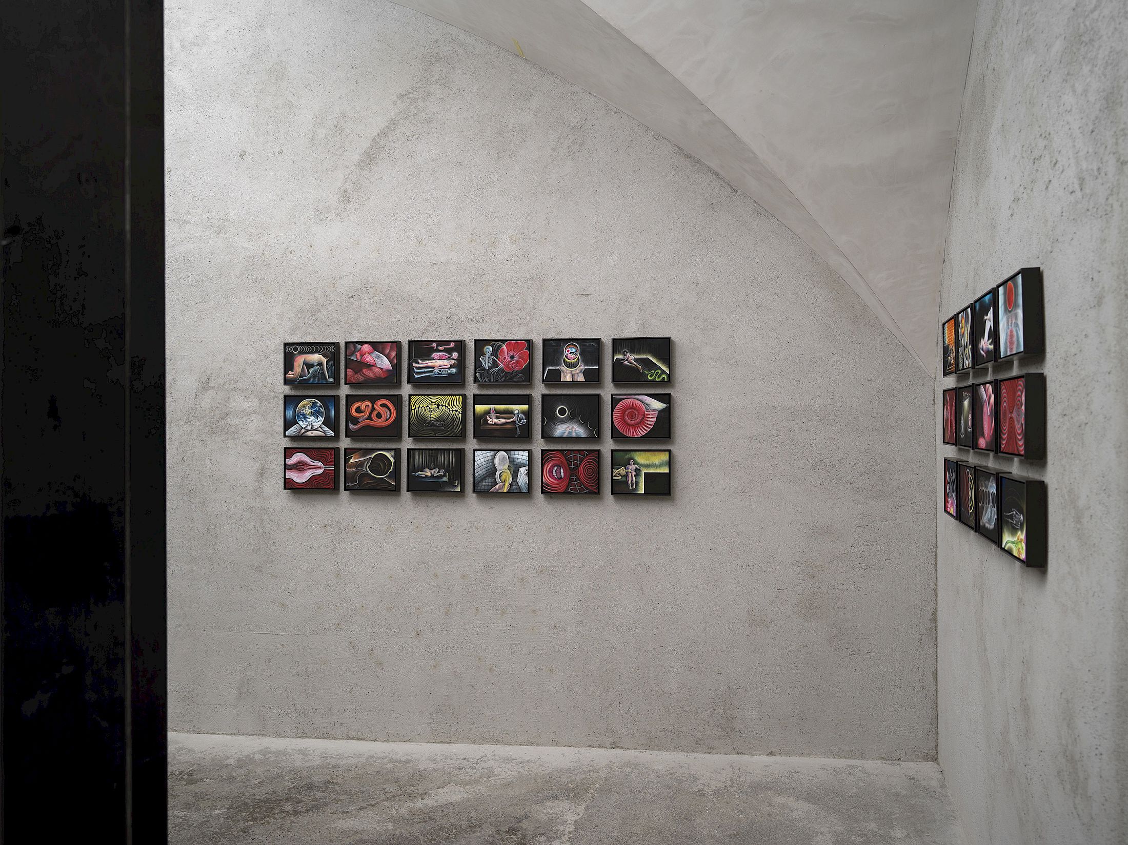 Exhibition view Emma Jung & Rebecca Ackroyd «Tage und Nächte», Cabaret Voltaire 2025; Rebecca Ackroyd, The World as I see it (Series), 2022–ongoing. Photo: Cedric Mussano. Courtesy: the artist