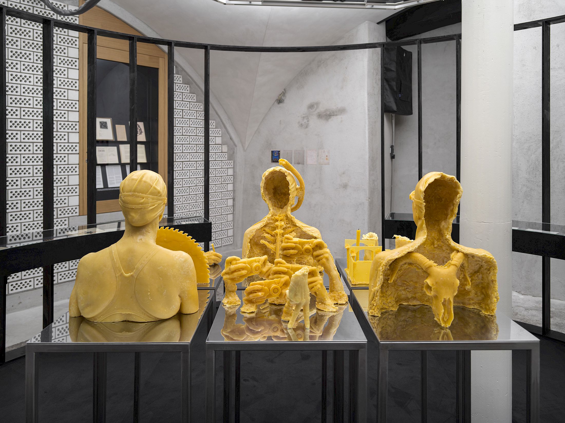 Exhibition view Emma Jung & Rebecca Ackroyd «Tage und Nächte», Cabaret Voltaire 2025; Emma
Jung-Rauschenbach (printed scans), Image of an emerging world (Systema), probably 1919; Two pages from the dream book & diary, separation from the pleroma and increasing materialization as well as liberation from matter (Spiritualization), brown with embossed frame (System), 1919; One page from the dream book & diary, black with embossing, undated; Page with onion from the dream book & diary, black (movement oft he beginning), 1915. Photo: Cedric Mussano. Courtesy: Familienarchiv Jung, © 2007 Stiftung der Werke von C.G. Jung, Zürich
Jung-Rauschenbach (printed scans), Image of an emerging world (Systema), probably 1919; Two pages from the dream book & diary, separation from the pleroma and increasing materialization as well as liberation from matter (Spiritualization), brown with embossed frame (System), 1919; One page from the dream book & diary, black with embossing, undated; Page with onion from the dream book & diary, black (movement oft he beginning), 1915. Photo: Cedric Mussano. Courtesy: Familienarchiv Jung, © 2007 Stiftung der Werke von C.G. Jung, Zürich