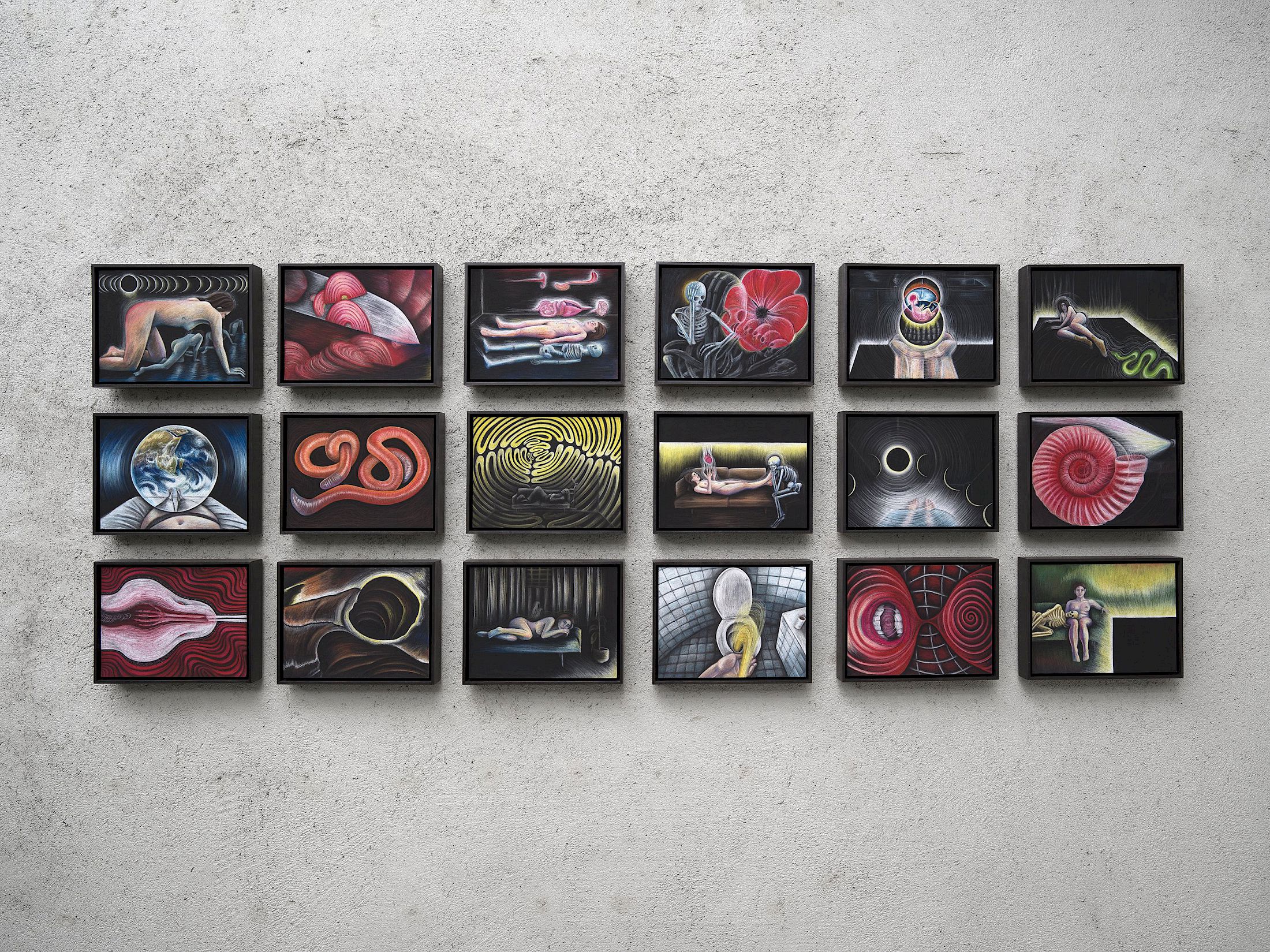 Exhibition view Emma Jung & Rebecca Ackroyd «Tage und Nächte», Cabaret Voltaire 2025; Rebecca Ackroyd,
The World as I feel it (Series) (detail), 2025. Photo: Cedric Mussano. Courtesy: the artist