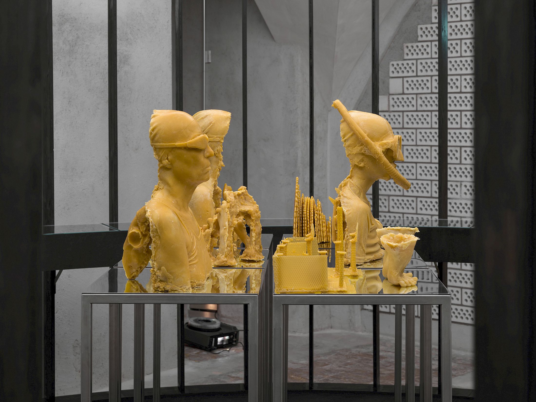 Exhibition view Emma Jung & Rebecca Ackroyd «Tage und Nächte», Cabaret Voltaire 2025; Emma
Jung-Rauschenbach, Watercolor of a cellar vault with colorful figures, undated; Image of a spirit over a water garden, undated; Watercolor of a salamander in a labyrinth, undated; Rebecca Ackroyd, The World as it is, 2025. Photo: Cedric Mussano. Courtesy: Familienarchiv Jung, © 2007 Stiftung der Werke von C.G. Jung, Zürich & the artist