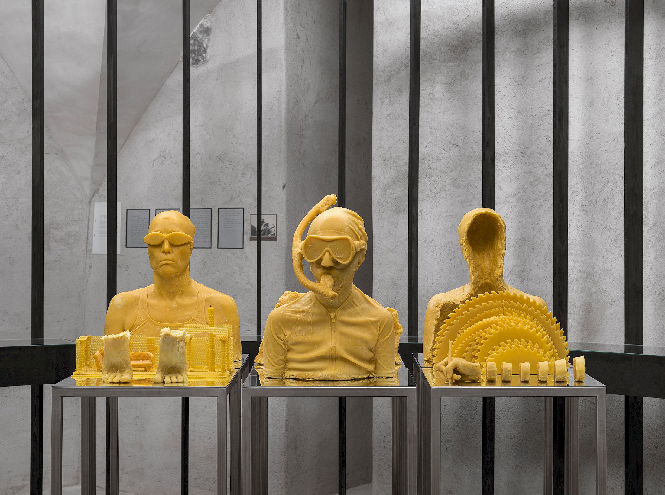 Exhibition view Emma Jung & Rebecca Ackroyd «Tage und Nächte», Cabaret Voltaire 2025; Emma
Jung-Rauschenbach, Drawing of the magic dragon (Urgo Series), undated; Drawing of a white figure with crescent moon (Urgo Series), undated; Drawing of a smoking crescent moon (Urgo Series), 1917. Photo: Cedric Mussano.
Courtesy: Familienarchiv Jung, © 2007 Stiftung der Werke von C.G. Jung, Zürich