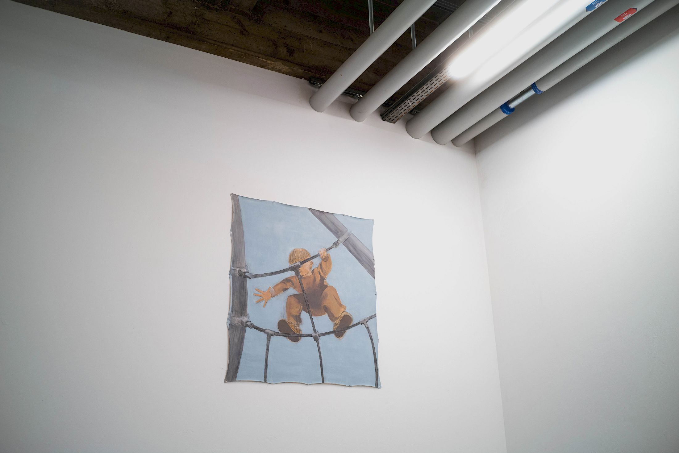 Exhibition View Duo Show Hugo Baud and Olive Godlee «Surely Tomorrow ; view on Yes, let’s go. (They do not move), 2025, water soluble graphite, acrylic and ink on unstretched canvas» at Espace Sébeillon, Lausanne, 2025 / Photo: Daniel Walcher / Courtesy: the artists and Espace Sébeillon