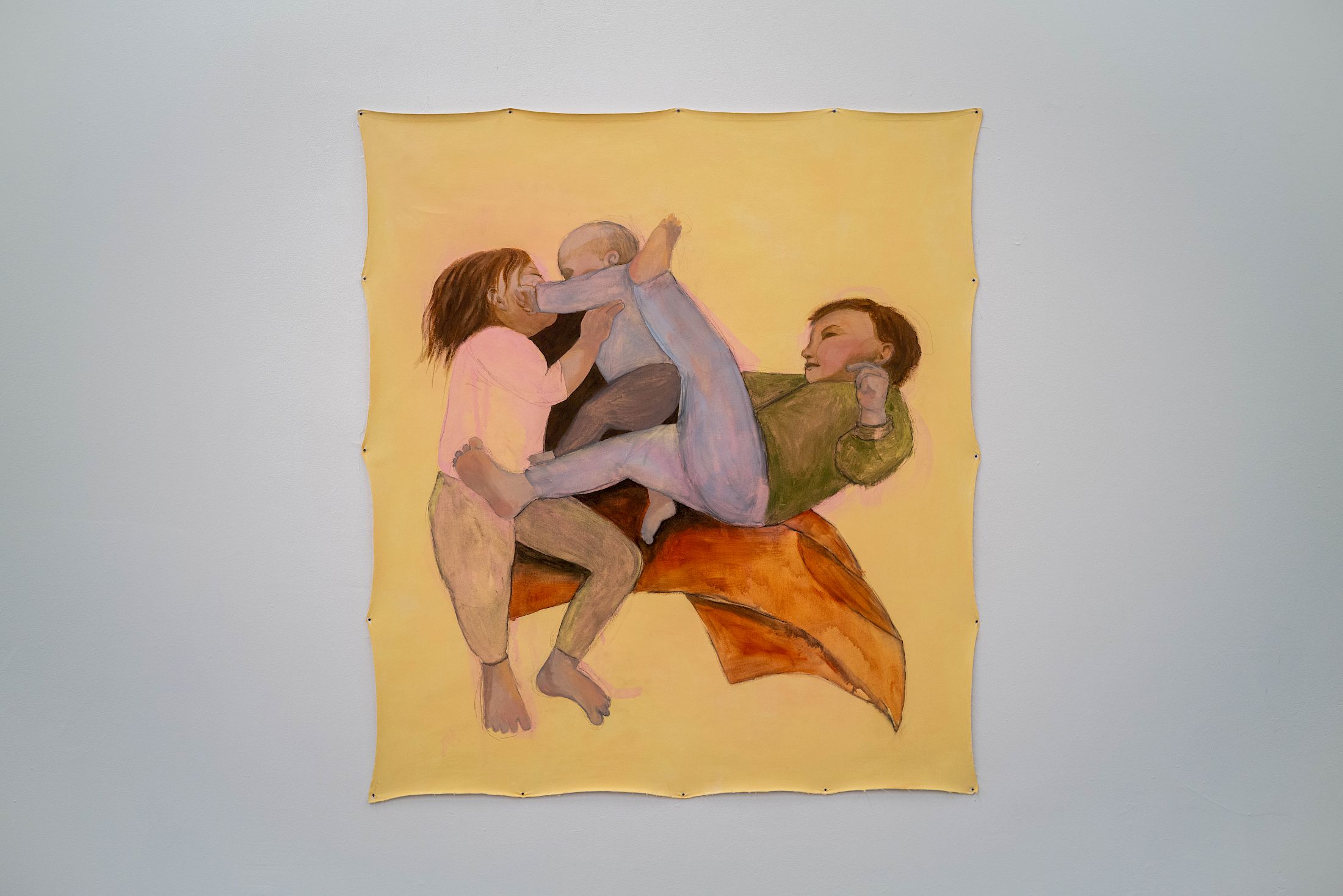 Exhibition View Duo Show Hugo Baud and Olive Godlee «Surely Tomorrow ; view on The Wrestlers (tumbling), 2025, water soluble graphite, acrylic and ink on unstretched canvas» at Espace Sébeillon, Lausanne, 2025 / Photo: Daniel Walcher / Courtesy: the artists and Espace Sébeillon