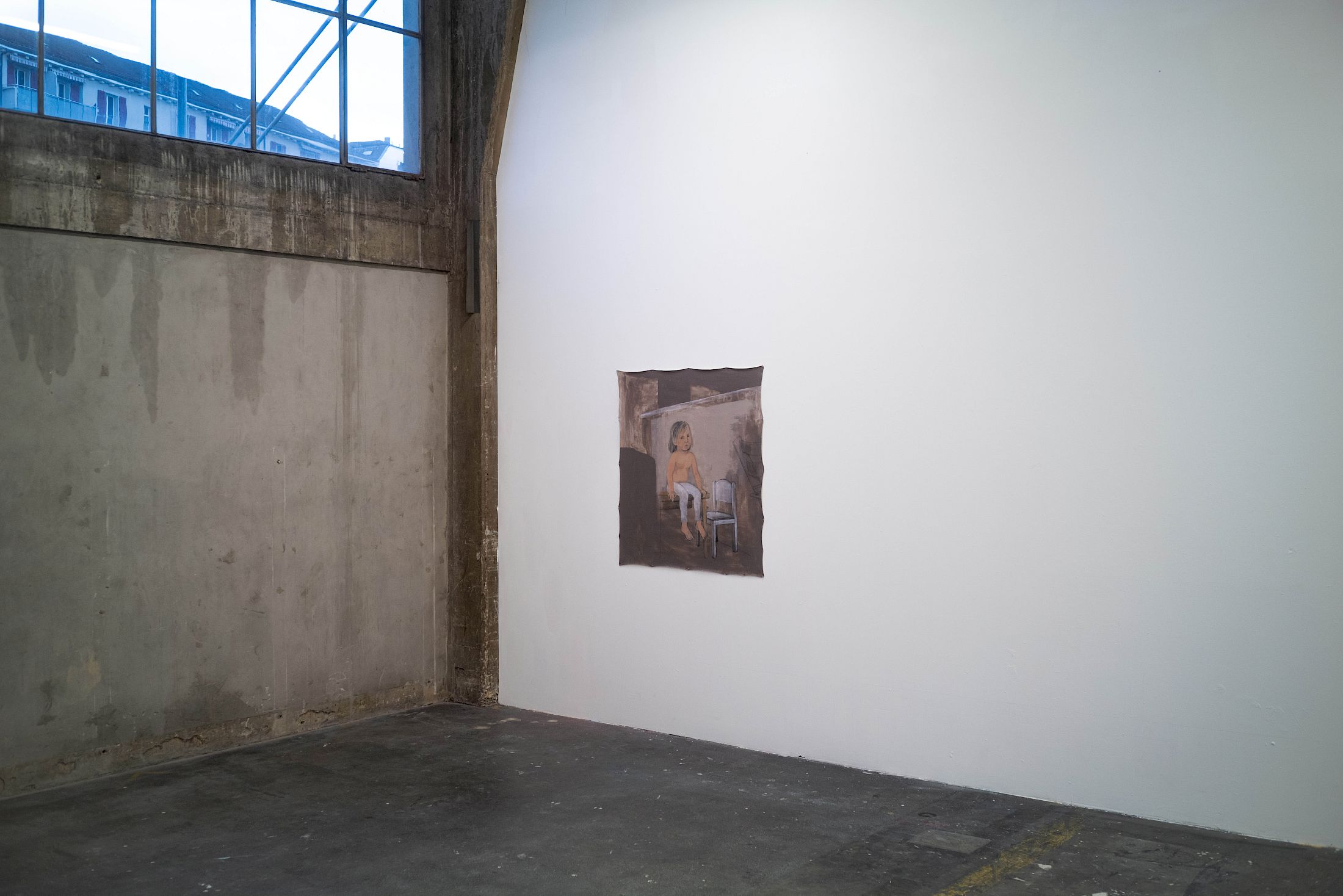 Exhibition View Duo Show Hugo Baud and Olive Godlee «Surely Tomorrow ; view on Ada in Trouble, 2025, water soluble graphite, acrylic and ink on unstretched canvas» at Espace Sébeillon, Lausanne, 2025 / Photo: Daniel Walcher / Courtesy: the artists and Espace Sébeillon